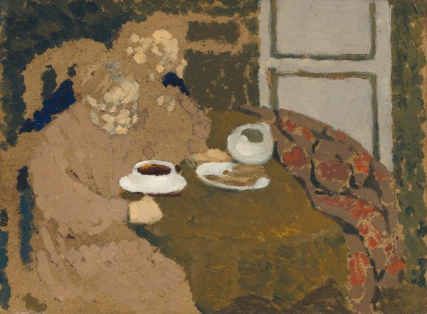 This painting displays soft, rounded shapes and fragmented lines, creating an abstract portrayal of two people seated at a dark yellow table. The round table is in the center, while the two people are on the left, their faces and bodies suggested with small dots of tan and light brown paint. The rough, brown surface under the paint has been allowed to show through in many places. On the table, white circular shapes resemble a cup and saucer, as well as a plate and bowl. The right side of the table has a light brown cloth draped over it, decorated with bright splashes. Behind the table and the people is a greenish-blue wall with a white door in the upper right corner.