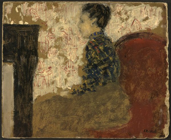 This painting shows a person seated in a side profile view, facing the left with their back resting against a brownish-red chair. Their facial features are indistinct, and they have pale skin and dark hair styled in a simple bun. The clothing features a dark blue and yellow plaid pattern. The background comprises a textured wall in shades of cream and beige with thin lines of red. There is a dark vertical structure on the left, perhaps a piece of furniture. The brushstrokes are thick and visible against a textured surface.