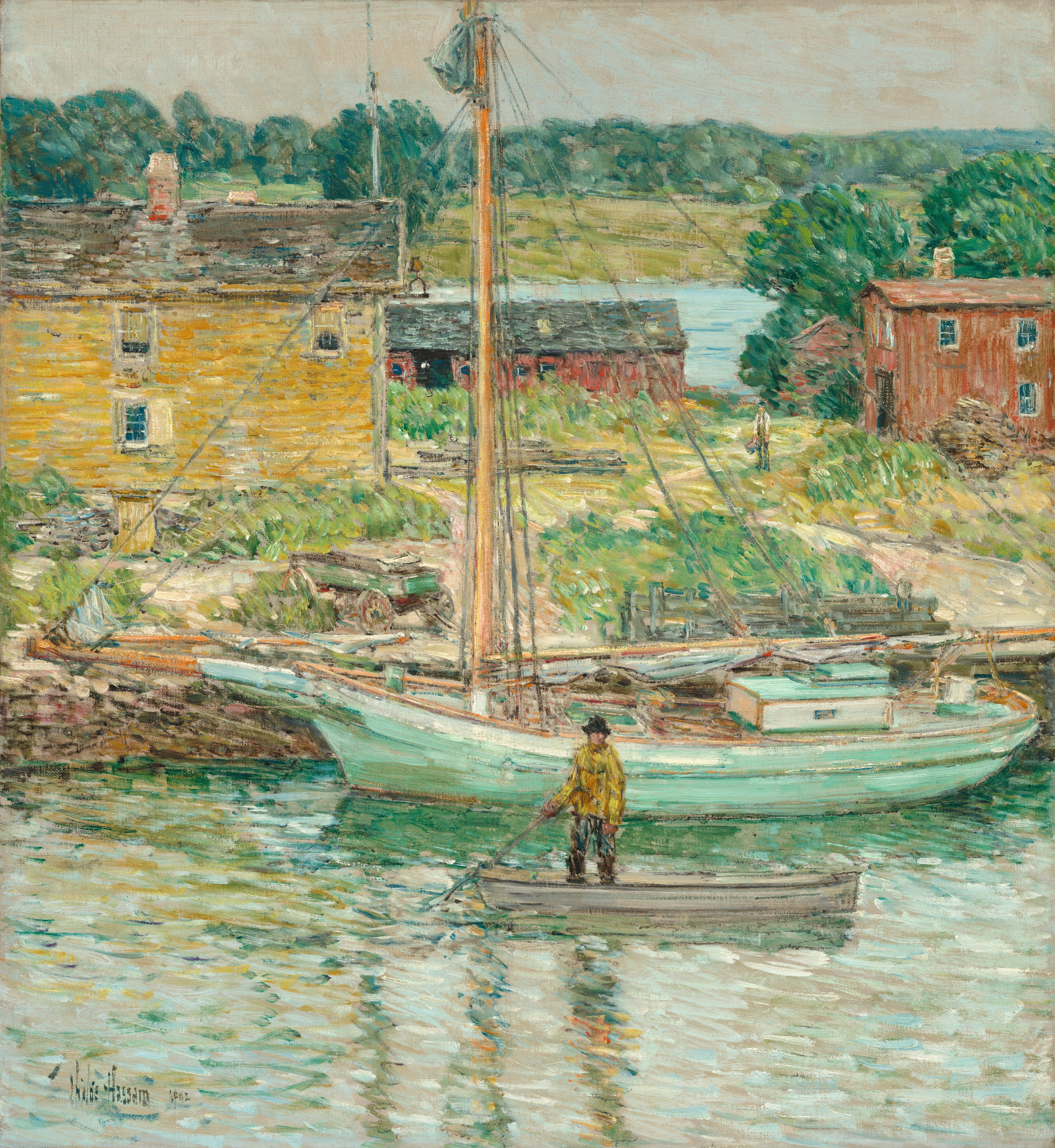 This painting shows a man in a yellow jacket standing on a small brown rowboat on a wide, pale green river. Behind him is a large mint-green sailboat, its tall mast bare, the sails folded on the deck. Behind that is a coastline covered in tan paths that cut through green grass. Another person stands on the shore, looking towards the boats. A yellow house with a weathered roof and two smaller, red-toned buildings can be seen on the shoreline. Behind them is more blue water, a grassy field, and dark green trees. The sky above is light gray with hints of blue. The brushstrokes of the painting are loose and visible, layering different colors on top of one another. The paint has been applied in thick, short strokes all facing the same direction, giving the impression of motion.