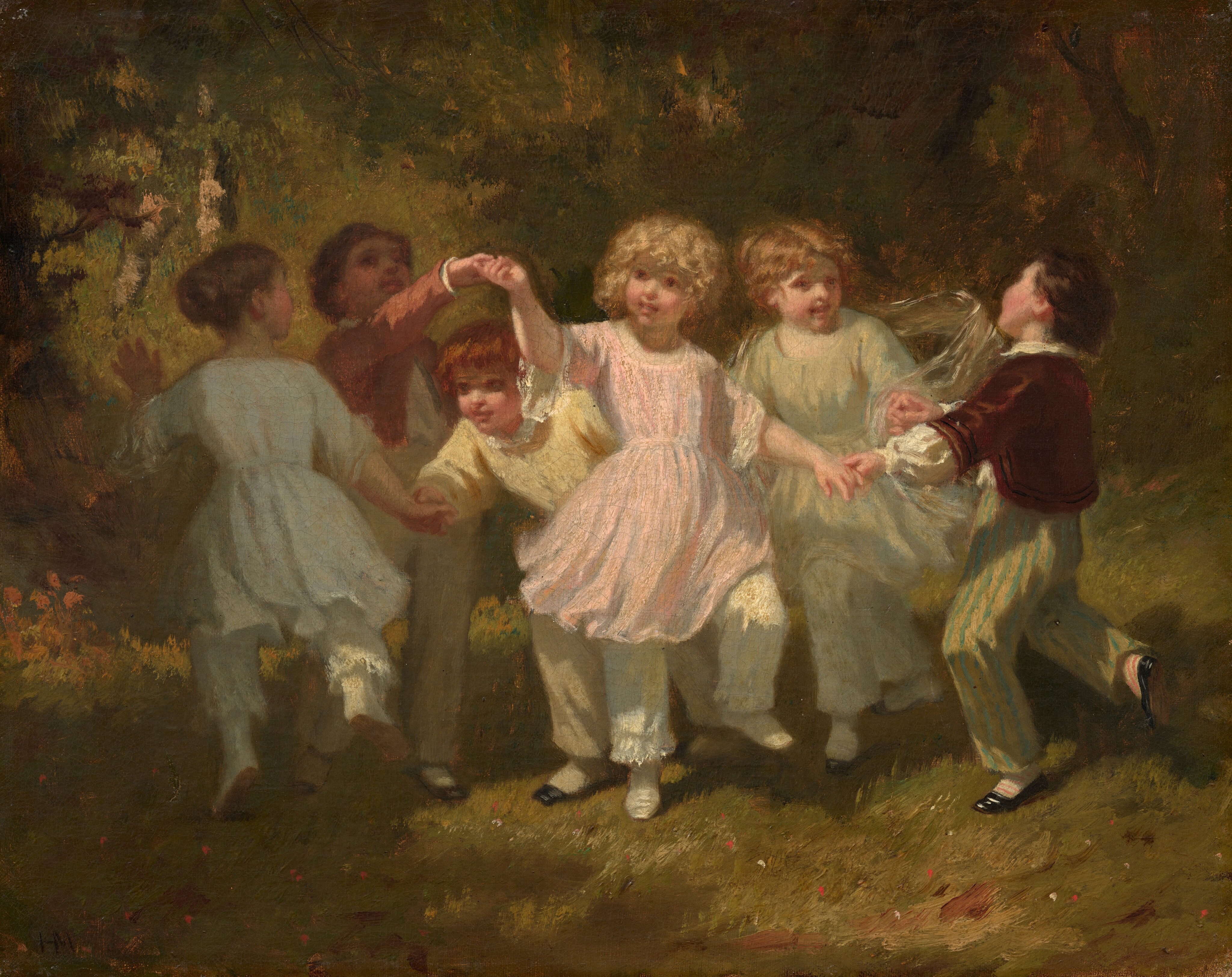 This is a painting of a group of children holding hands and playing in a grassy area. The children form a line, with one crossing under the connected arms of two others. The children wear expressions of joy, with wide eyes and open, upturned mouths. Three of the children wear dresses in pastel pink, green, and blue, while the other three wear jackets and trousers. The background is a lush green landscape, and dappled light is cast on the scene from above.