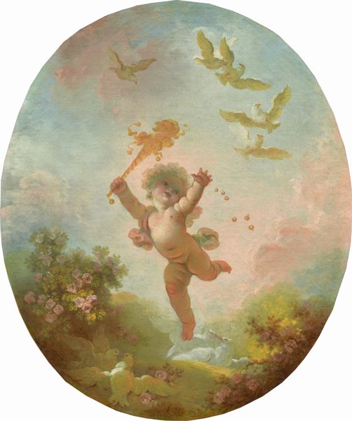 This oval painting shows a cherubic child floating mid-air with one leg bent and their arms outstretched. The cherub has curly hair, a round face, and pale skin dusted with rosy pink and light teal shadows. They are smiling gently. The cherub is nude with a draped cloth over one shoulder, and in one hand they hold a flaming torch. Surrounding the cherub are white birds in flight. The background consists of pale blue and soft white clouds, with blooming pink flowers and foliage on the pale green ground.