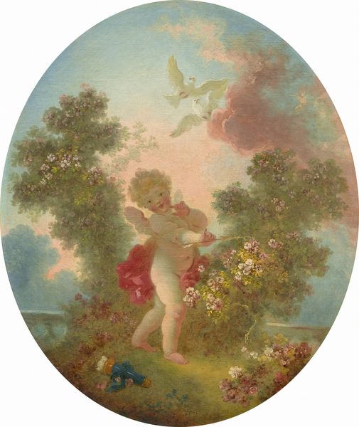 This oval painting depicts a cherubic child in a garden setting. The child is standing with one foot in front of the other and has small wings on their back. The child has light skin, curly blond hair, rosy cheeks, and a playful expression. They are mostly nude, except for a cloth that wraps around their back and covers their groin. The child is holding a golden arrow. They are standing in front of a light green bush with pink flowers. In the bottom left, there is a dark blue object in the green grass that looks like a torch or cylindrical quiver. The setting includes lush greenery and more clusters of pink and white flowers. The background features a pastel blue sky with soft pink clouds and two white doves flying above.