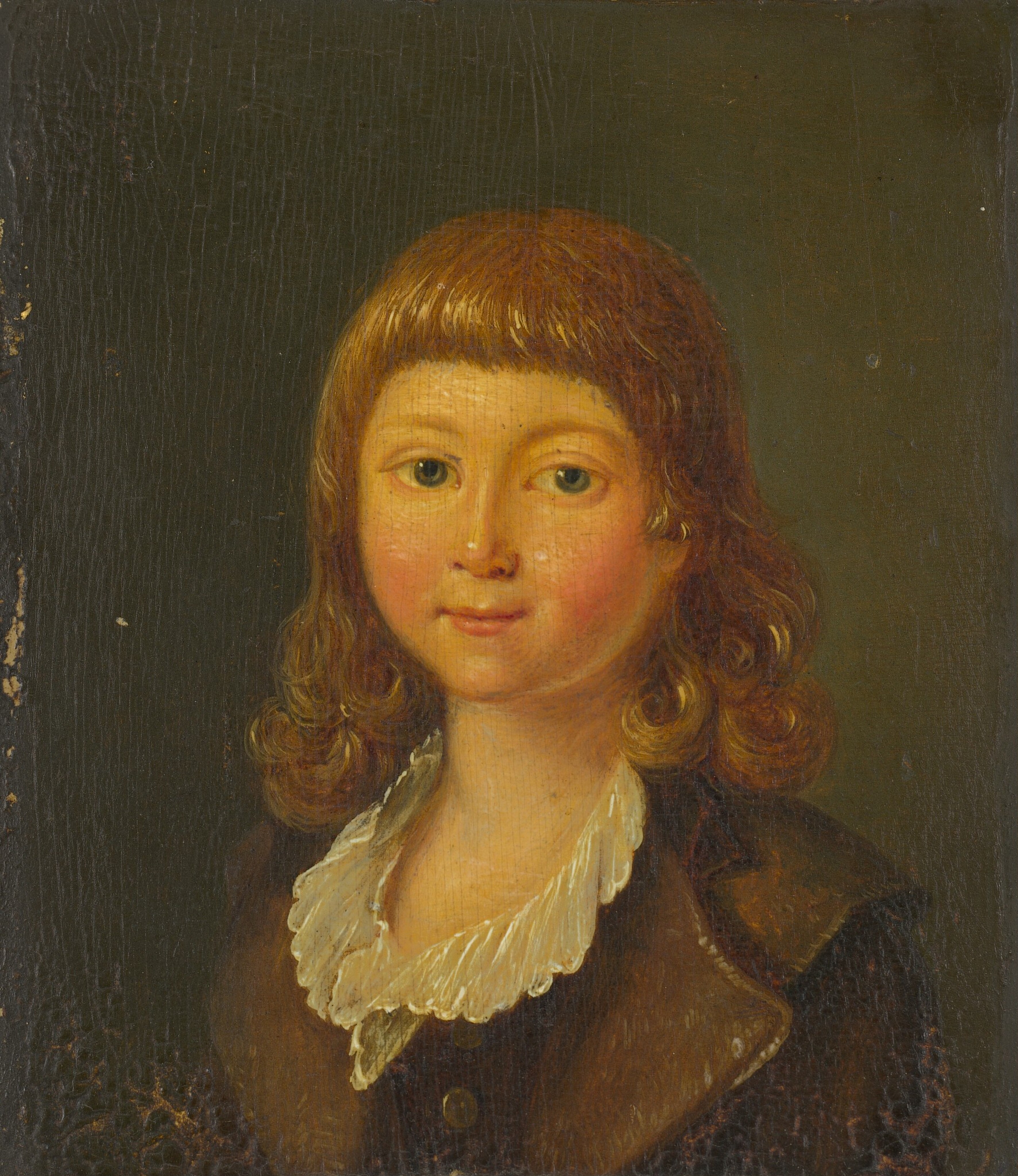 The image shows a portrait of a young person with light brown hair and delicate facial features. They wear a brown coat with a white ruffled collar. The background is a dark, muted color.