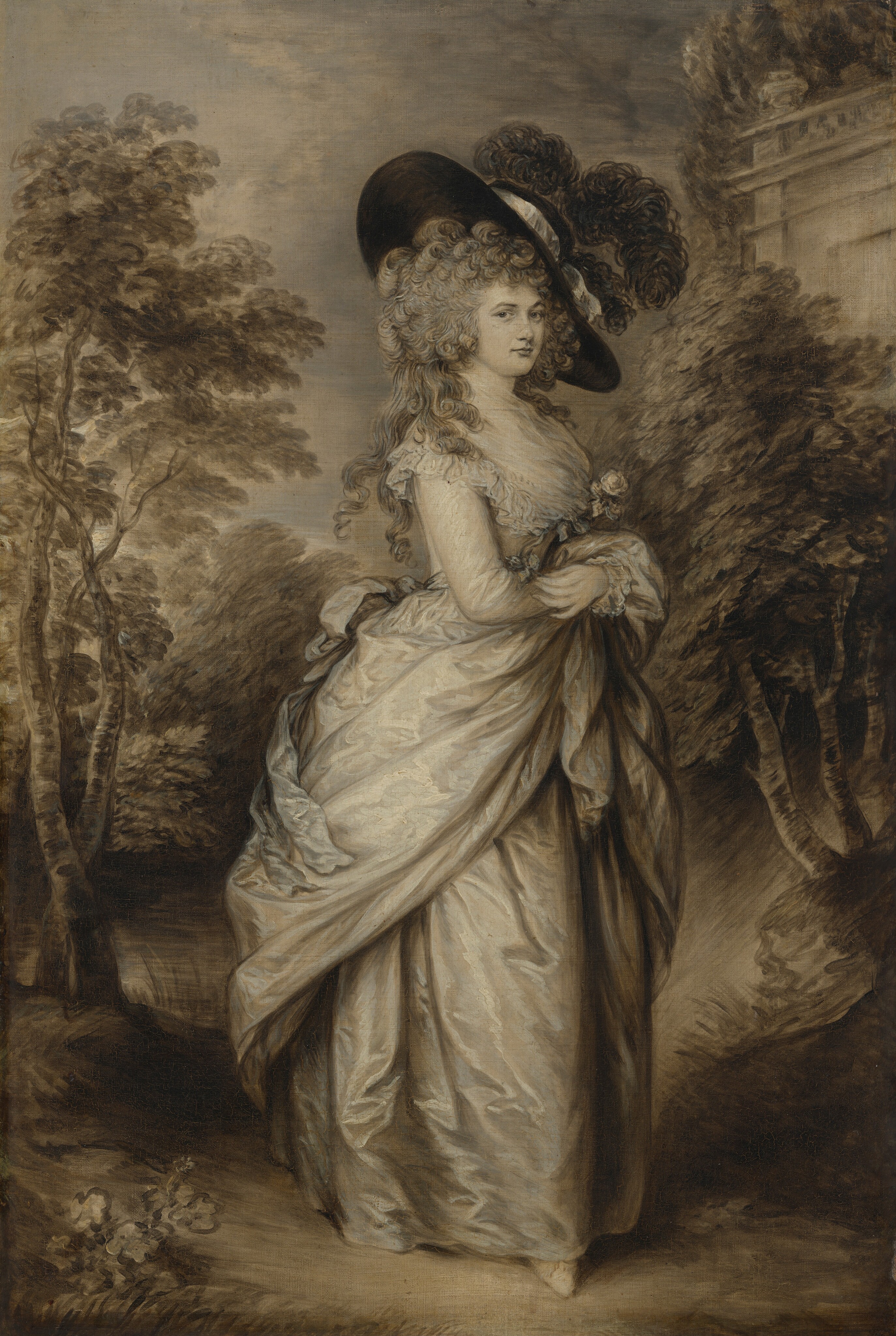 This painting is a full-length portrait of a woman with her body facing the right and her head turned toward us. She has light skin, curly gray hair, arched eyebrows, and a small mouth in a neutral expression. She wears an elegant light-colored dress with a large bow on the back and a large, dark, feathered hat, and she has a flower tucked in her arms, which also gather up some of her skirts. The background shows tall trees, with the edge of a wall visible in the upper-right corner. The color scheme of the painting is mostly olive-green, and everything has a green tint.
