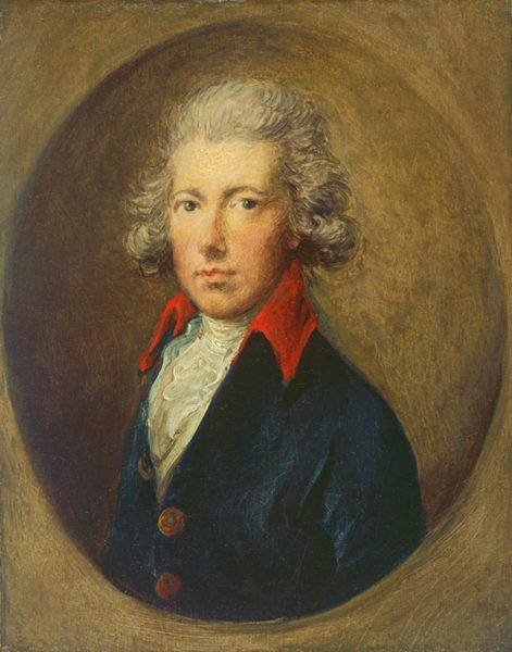 The image depicts a portrait of an individual with the upper half of their body visible. The person is facing forward with their head slightly turned to the side, looking directly at the viewer. They have a fair complexion, with distinct facial features, including a rounded face and closed lips. The hair is styled in an 18th-century manner, with curls around the ears. They are wearing a dark coat with red lapels and brass buttons, over a white shirt with ruffled details. There are no visible jewelry or objects in their hands. The background is a textured, earth-toned surface.