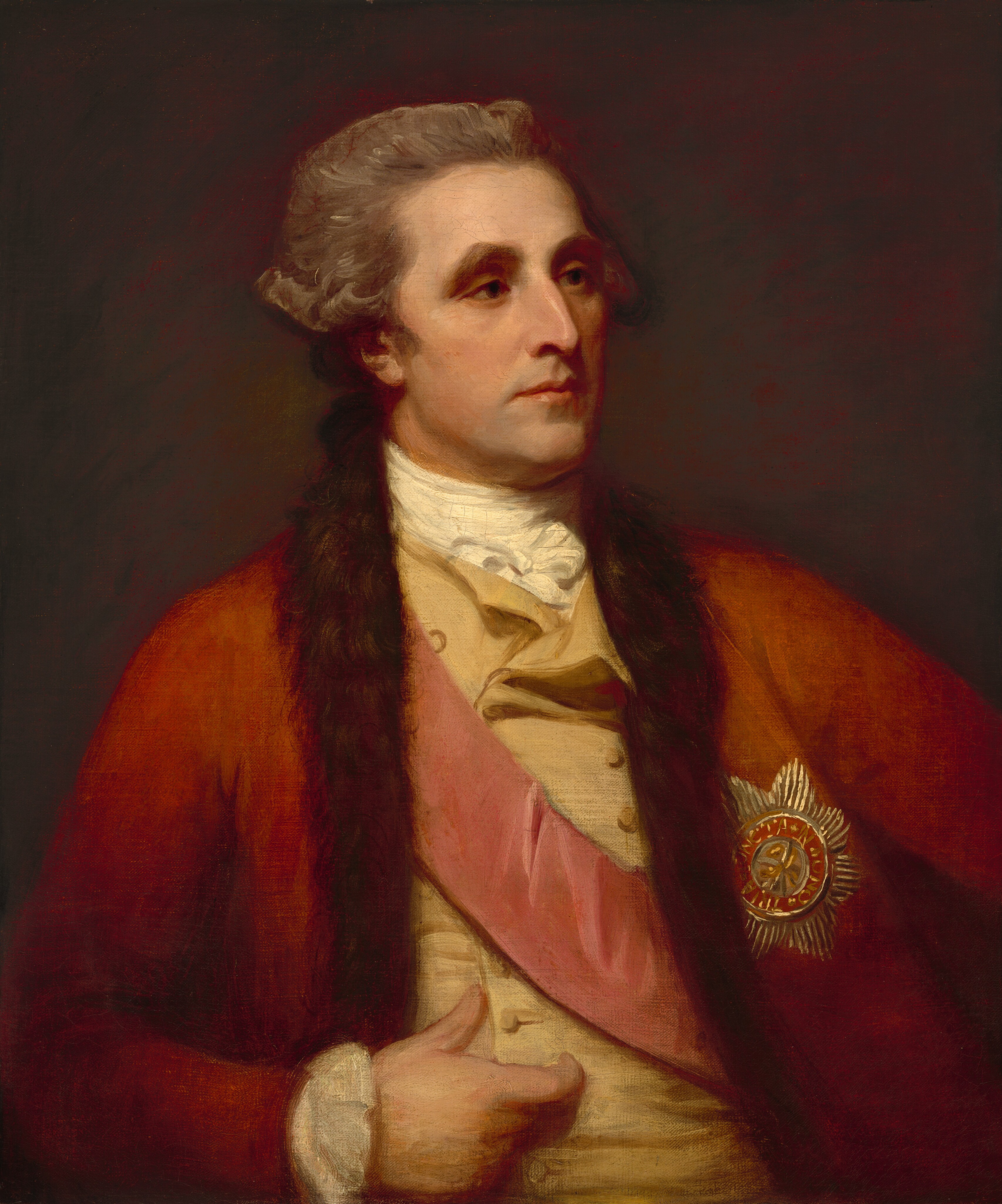 This painting is a portrait of a man sitting and looking to the right. He has pale skin, deep-set eyes, a long nose, and gray hair styled back with curls above his ears. He wears an outfit including a red coat, cream waistcoat, white shirt, and a pink sash. He has a star-shaped medal on the right side of his jacket. The background is plain and dark.