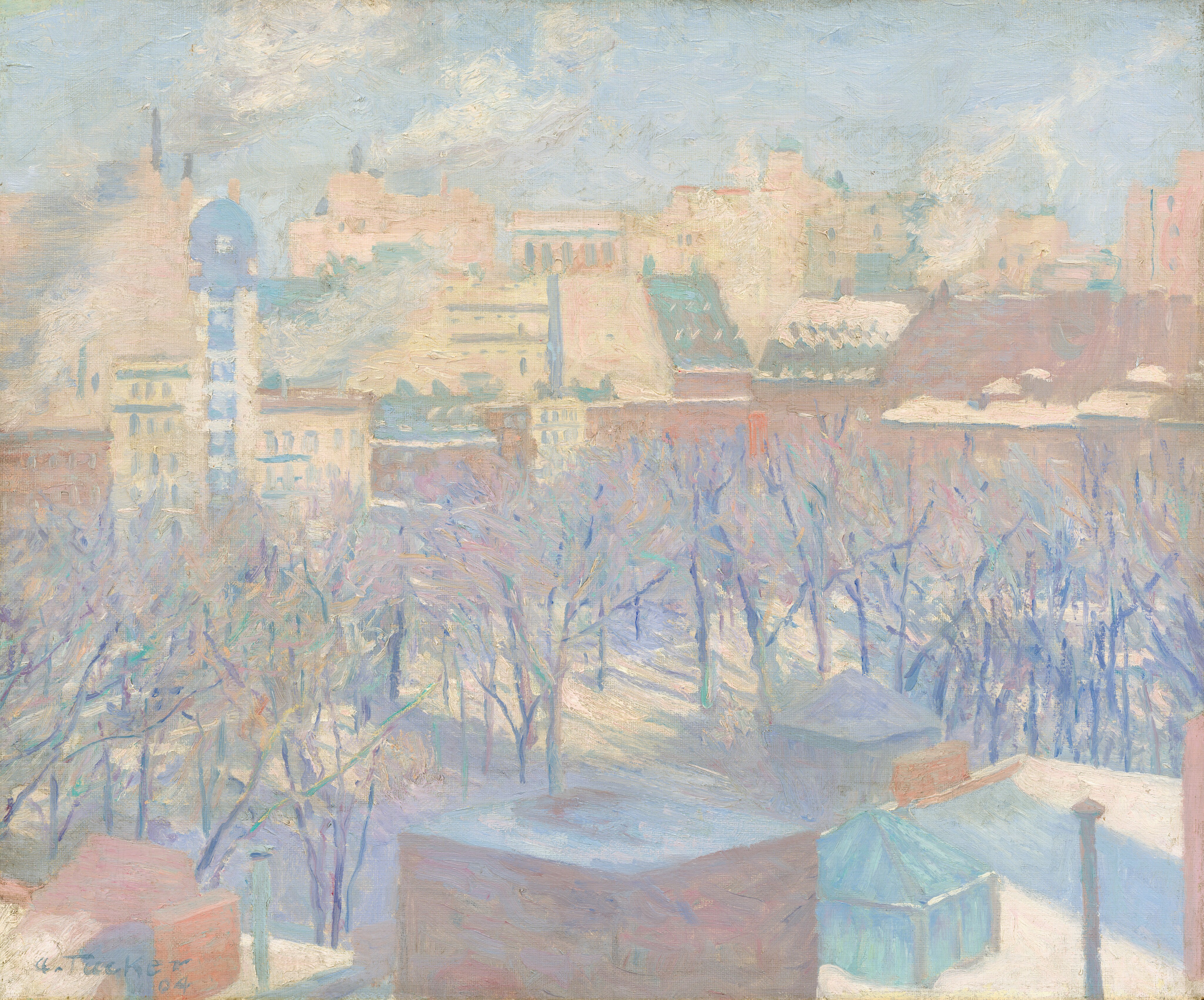 This painting shows an elevated view of a snowy city scene. Our view overlooks rooftops and bare, leafless trees surrounded by snow-covered ground. The section of trees is in the center of the image, and behind them are distant buildings of various styles. Light brushwork creates a soft, filtered light across the cityscape. The buildings are in shades of pale red, light yellow, cream, and peach, with some teal and gray. Some of the buildings cast long shadows, and these are shown in light blue. The trees are painted with thin lines of purple, pink, yellow, and teal. The sky above the scene is light blue, and soft white clouds drift across it.