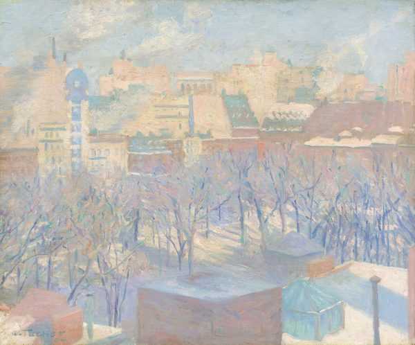 This painting shows an elevated view of a snowy city scene. Our view overlooks rooftops and bare, leafless trees surrounded by snow-covered ground. The section of trees is in the center of the image, and behind them are distant buildings of various styles. Light brushwork creates a soft, filtered light across the cityscape. The buildings are in shades of pale red, light yellow, cream, and peach, with some teal and gray. Some of the buildings cast long shadows, and these are shown in light blue. The trees are painted with thin lines of purple, pink, yellow, and teal. The sky above the scene is light blue, and soft white clouds drift across it.