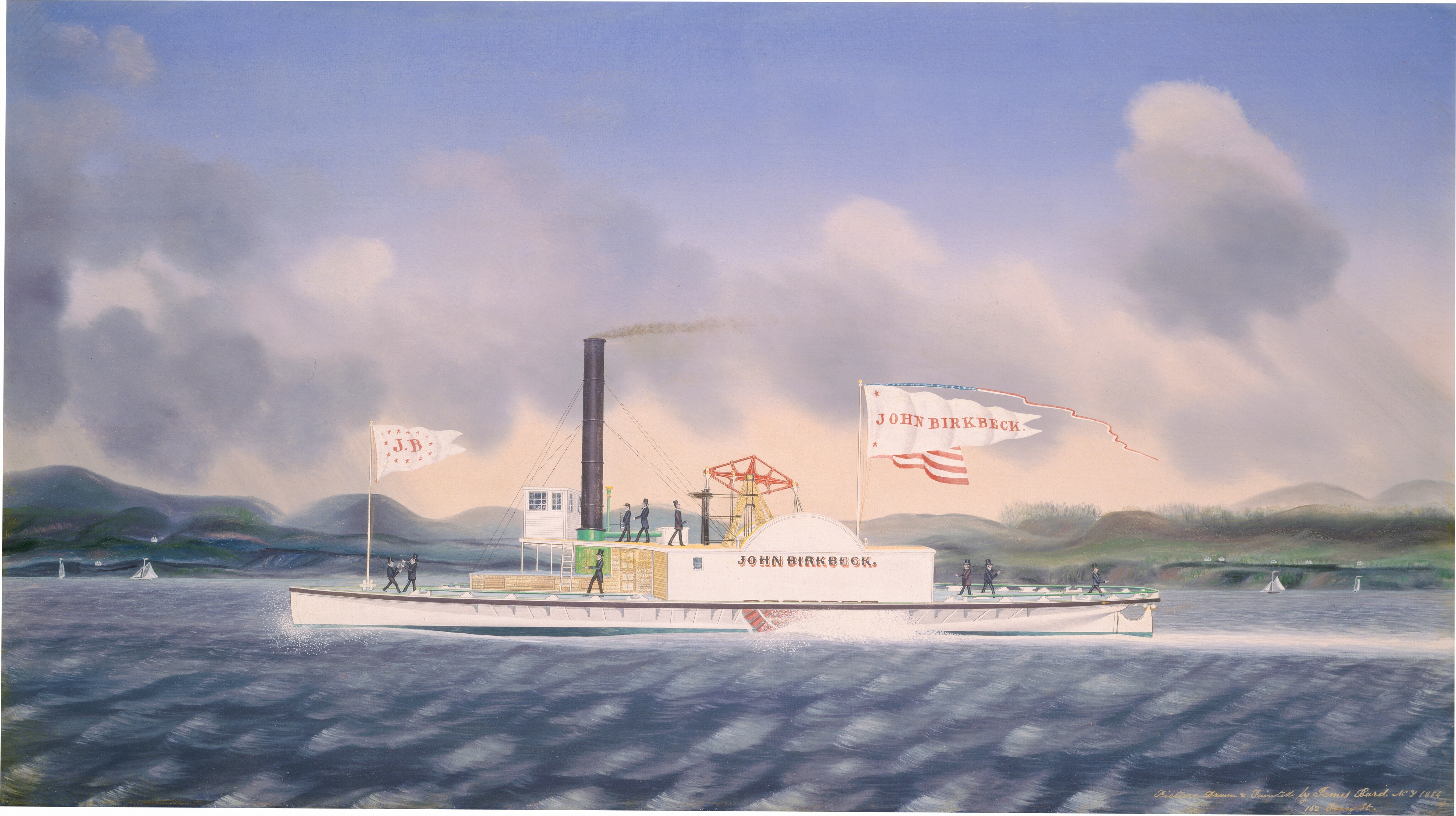 The image shows a steamboat named "John Birkbeck" on a body of water. The boat is moving from left to right. The background features hills dividing the water from the sky. The steamboat has flags, including one with the name "John Birkbeck." Smoke is coming out of the smokestack. Figures are visible on the deck. The painting is detailed with smooth brushstrokes. The color palette includes blues, greens, pastels, grays, and warm hues near the horizon. The water's surface and distant hills are depicted in a calm and idealized manner.