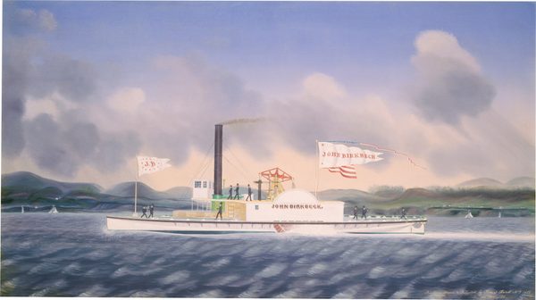 The image shows a steamboat named "John Birkbeck" on a body of water. The boat is moving from left to right. The background features hills dividing the water from the sky. The steamboat has flags, including one with the name "John Birkbeck." Smoke is coming out of the smokestack. Figures are visible on the deck. The painting is detailed with smooth brushstrokes. The color palette includes blues, greens, pastels, grays, and warm hues near the horizon. The water's surface and distant hills are depicted in a calm and idealized manner.