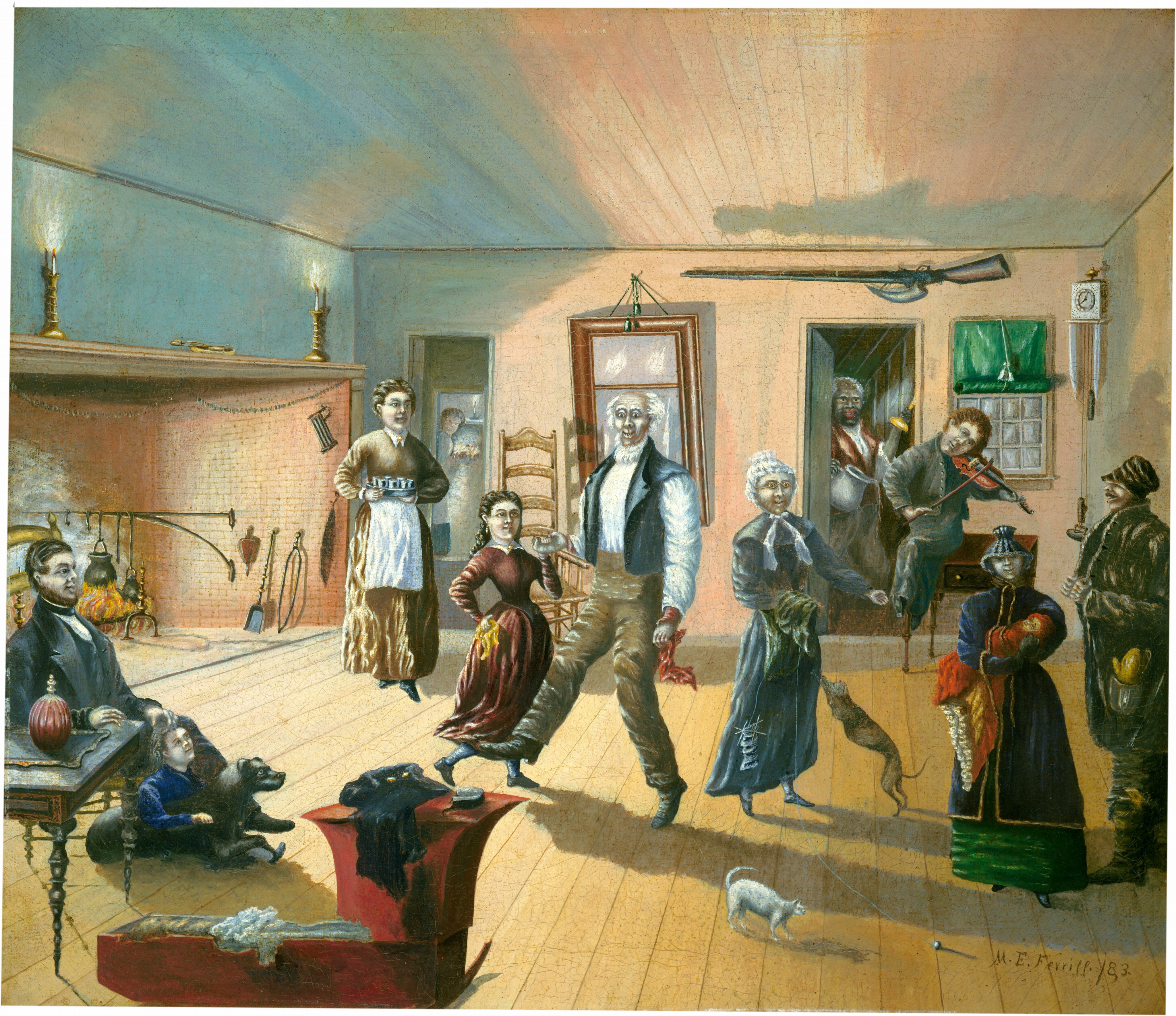 This is a painting of a domestic scene in a historical setting. The image features multiple figures engaged in various activities. A man and a woman are dancing in the center of the room. An older woman watches with a small dog, while a musician plays a violin near an open doorway. In the background, a woman in an apron approaches with refreshments, and a child plays on the floor in front of a seated adult. The room is comfortably furnished with a fireplace on the left. The walls have a rifle and a clock, and a cat plays with a string on the wooden floor. The signature on the painting indicates it is in the style of M. E. Pease.