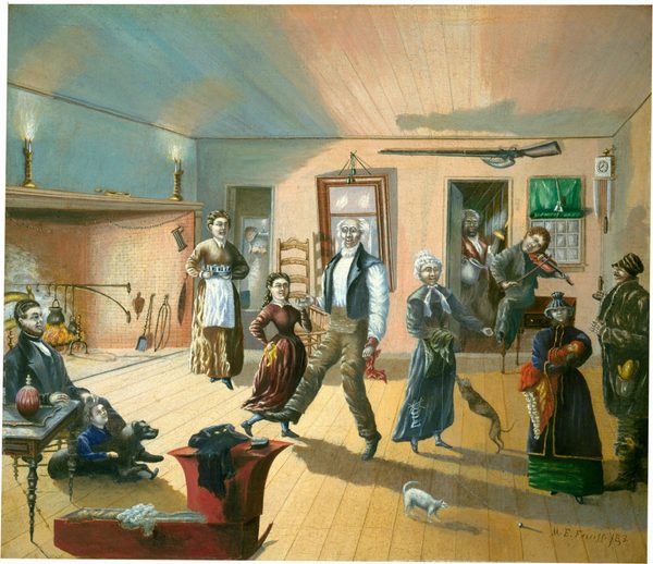 This is a painting of a domestic scene in a historical setting. The image features multiple figures engaged in various activities. A man and a woman are dancing in the center of the room. An older woman watches with a small dog, while a musician plays a violin near an open doorway. In the background, a woman in an apron approaches with refreshments, and a child plays on the floor in front of a seated adult. The room is comfortably furnished with a fireplace on the left. The walls have a rifle and a clock, and a cat plays with a string on the wooden floor. The signature on the painting indicates it is in the style of M. E. Pease.