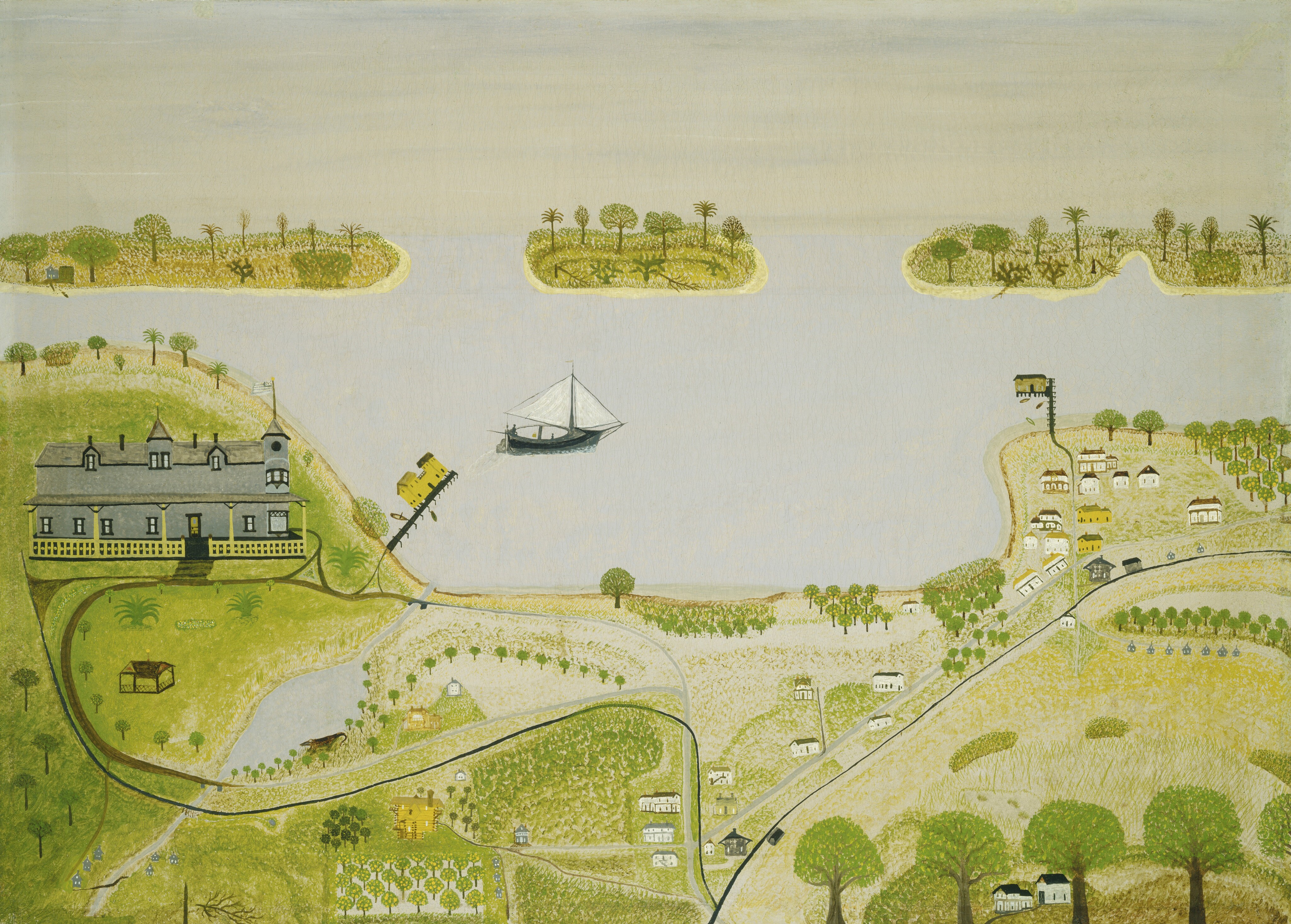 This painting shows an aerial view of a landscape with green land and pale blue water. The horizon is in the upper third of the image, where there are small green islands with trees on the water in front of a soft blue sky that is almost the same color as the water. A black sailboat is near the center of the painting, moving on the water. On the land on the left is a large gray building with a tower and a fenced-in porch, surrounded by trees and green plants. There are smaller white and yellow buildings in the center and on the right, and brown roads connect the various houses and structures in the area. The painting features pale colors and a lack of shadows or shading, giving it a flat appearance. The color palette consists of soft yellow, green, and blue-gray shades.