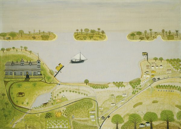 This painting shows an aerial view of a landscape with green land and pale blue water. The horizon is in the upper third of the image, where there are small green islands with trees on the water in front of a soft blue sky that is almost the same color as the water. A black sailboat is near the center of the painting, moving on the water. On the land on the left is a large gray building with a tower and a fenced-in porch, surrounded by trees and green plants. There are smaller white and yellow buildings in the center and on the right, and brown roads connect the various houses and structures in the area. The painting features pale colors and a lack of shadows or shading, giving it a flat appearance. The color palette consists of soft yellow, green, and blue-gray shades.