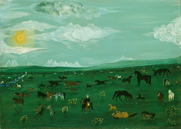 This painting shows a grassy green plain covered with horses. The horses are a variety of sizes and colors, including black, brown, white, tan, and white with black spots. They roll on the ground, run across the grass, sit, or rear back on their hind legs. Below the center of the painting, there is a rider on a black horse who faces us. The rider has pale skin and a thick black mustache, and wears a black shirt, yellow pants, tall black boots, and a gray cowboy hat. Bushes with yellow flowers dot the grass, and there are pointed white mountains in the distance. The sky is light green-blue with white clouds and a bright sun near the top left corner.