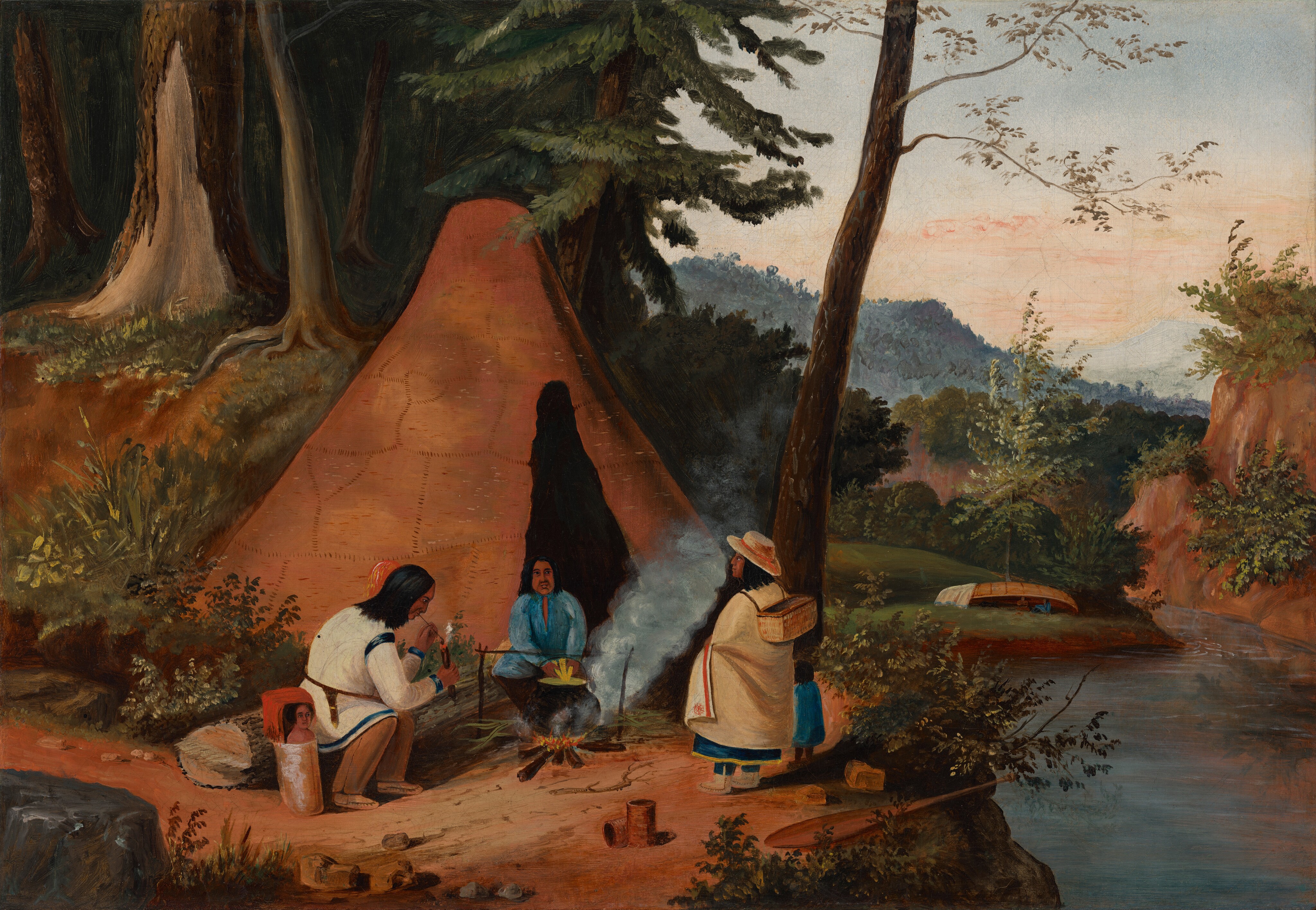 The image shows three figures gathered around a fire in a natural setting. One is cooking outside a conical shelter, possibly a tepee. A woman and child stand nearby. In the background, there are hills, a sky with pink and blue hues, and distant blue-green mountains. The painting has detailed brushstrokes creating texture in the trees and river. The color palette includes earthy tones, greens, and blues, with a warm glow from the fire. Small details like a canoe on the riverbank add to the calm exploration of the scene.