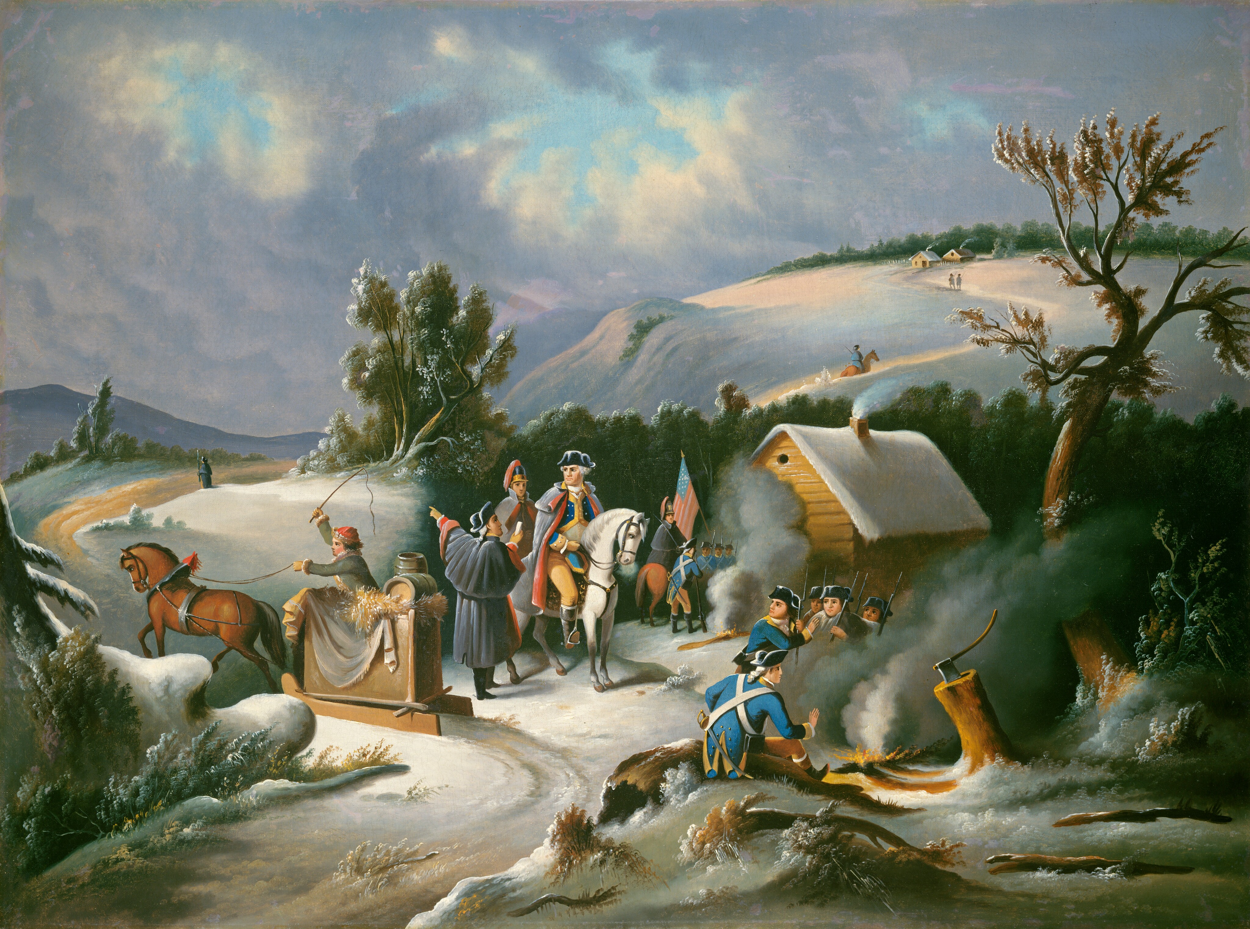 This painting shows a wintry landscape from a slightly elevated point of view. Rolling hills extend in the background, with small houses, snowy tress, and distant mountains visible. Closer to us, people are gathered outside of a yellow cabin. Several of them appear to be soldiers wearing blue uniforms and tricorn hats, holding tall guns. One person on horseback holds an American flag. In the center, a man sits on a white horse, wearing a blue-and-gold uniform under a cloak. Two small fires create billows of gray smoke. More people on horseback make their way across a path through the snowy hills. The brushstrokes are smooth and detailed, and the color palette includes blues, grays, whites, browns, and greens.