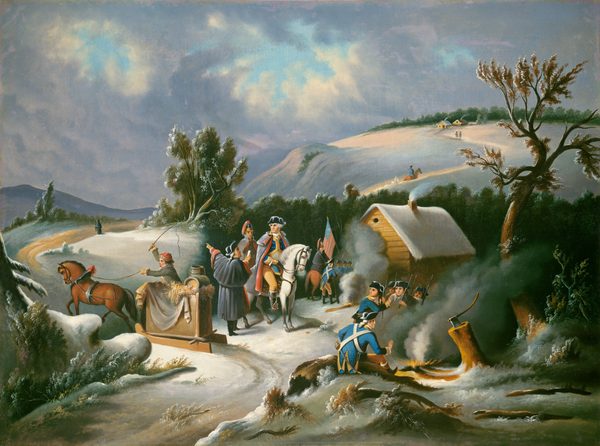 This painting shows a wintry landscape from a slightly elevated point of view. Rolling hills extend in the background, with small houses, snowy tress, and distant mountains visible. Closer to us, people are gathered outside of a yellow cabin. Several of them appear to be soldiers wearing blue uniforms and tricorn hats, holding tall guns. One person on horseback holds an American flag. In the center, a man sits on a white horse, wearing a blue-and-gold uniform under a cloak. Two small fires create billows of gray smoke. More people on horseback make their way across a path through the snowy hills. The brushstrokes are smooth and detailed, and the color palette includes blues, grays, whites, browns, and greens.
