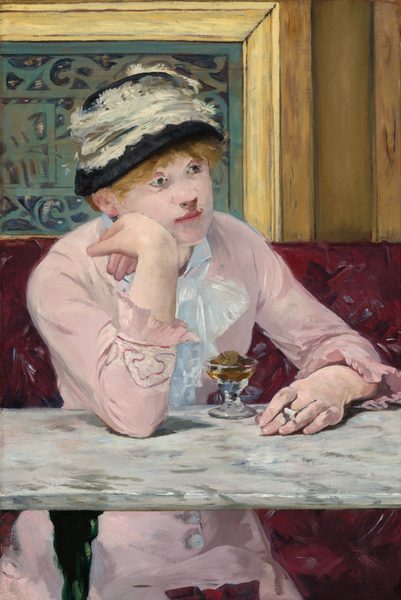 A woman with light skin sits facing us across a marble-topped table in a café in this vertical painting. Her body is angled slightly to our right, and she rests her right elbow, on our left, on the table. She leans her right cheek onto the back of her right hand as she gazes into the distance. She holds a cigarette in her other hand, which rests on the tabletop. Her pale pink dress has long sleeves with ruffles at the cuffs, and buttons down the front of the skirt can be seen under the table. A lace bow or ruffles cascade down at her neck. Straw-colored hair peeks out under a black hat encircled with a wide band of lace. A short, stemmed glass sitting on the table in front of her holds a small, round piece of fruit surrounded by caramel-colored liquid. The white marble tabletop is streaked with gray. The burgundy, patterned banquette she sits on takes up the bottom half of the composition, and wood paneling around a slate-gray metal grate fills the top half. Loose brushstrokes are visible throughout. The artist signed the work as if he had written his name on the surface of the table, near the front edge to our left, "Manet."