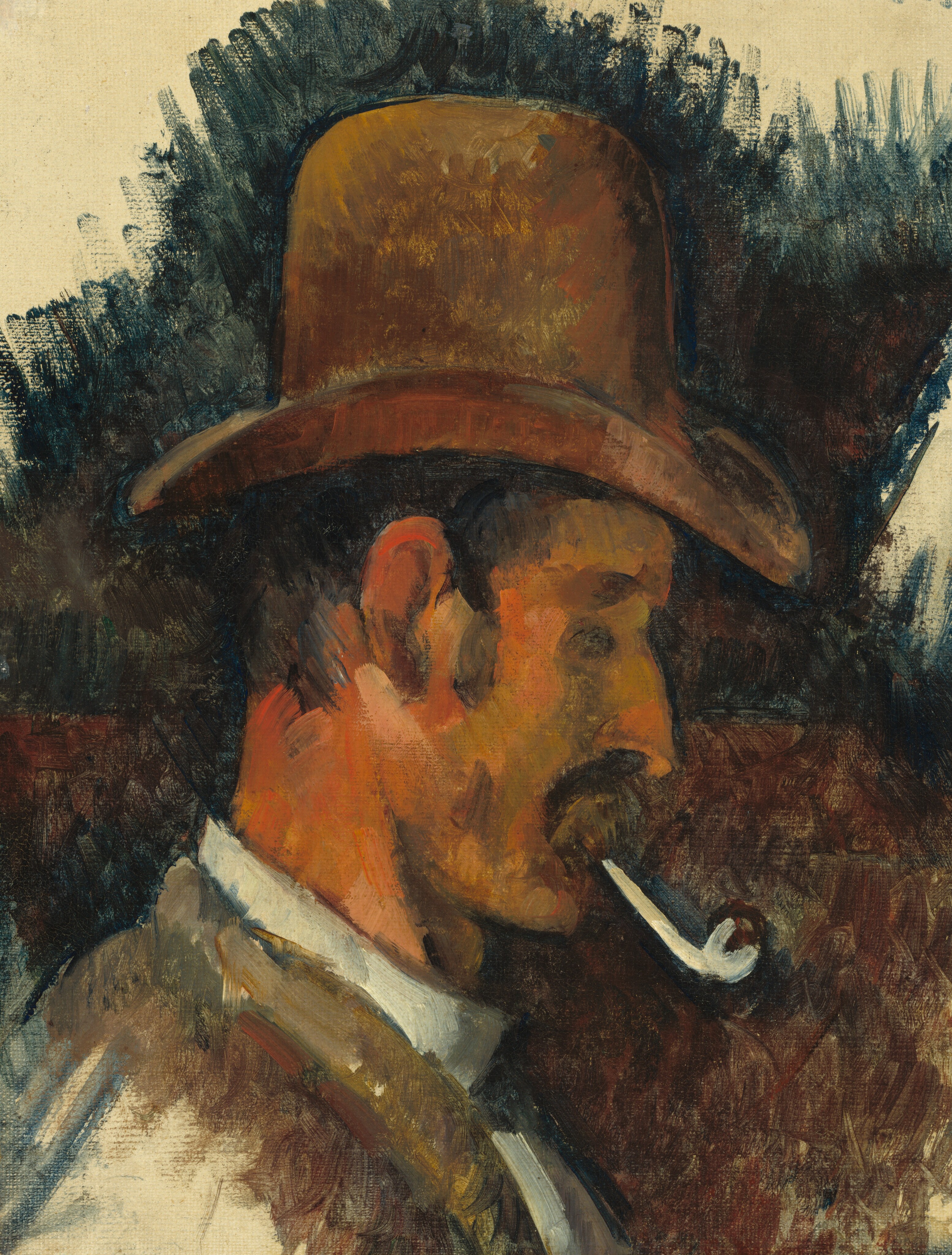This painting depicts the head and shoulders of a man in profile, facing the right. His skin is painted in shades of orange, with some areas given an olive-green tint. He has a dark mustache under a straight nose, and his eye has been painted with an indistinct black oval. The man wears a tall brown hat and a light-colored shirt with a brown coat or vest over it, and the hint of a black bowtie. He has a long white pipe in his mouth. The background consists of abstract brushstrokes in dark blues and browns. The brushstrokes in the painting are all thick and visible, creating clear streaks of color.