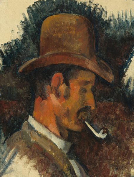 This painting depicts the head and shoulders of a man in profile, facing the right. His skin is painted in shades of orange, with some areas given an olive-green tint. He has a dark mustache under a straight nose, and his eye has been painted with an indistinct black oval. The man wears a tall brown hat and a light-colored shirt with a brown coat or vest over it, and the hint of a black bowtie. He has a long white pipe in his mouth. The background consists of abstract brushstrokes in dark blues and browns. The brushstrokes in the painting are all thick and visible, creating clear streaks of color.