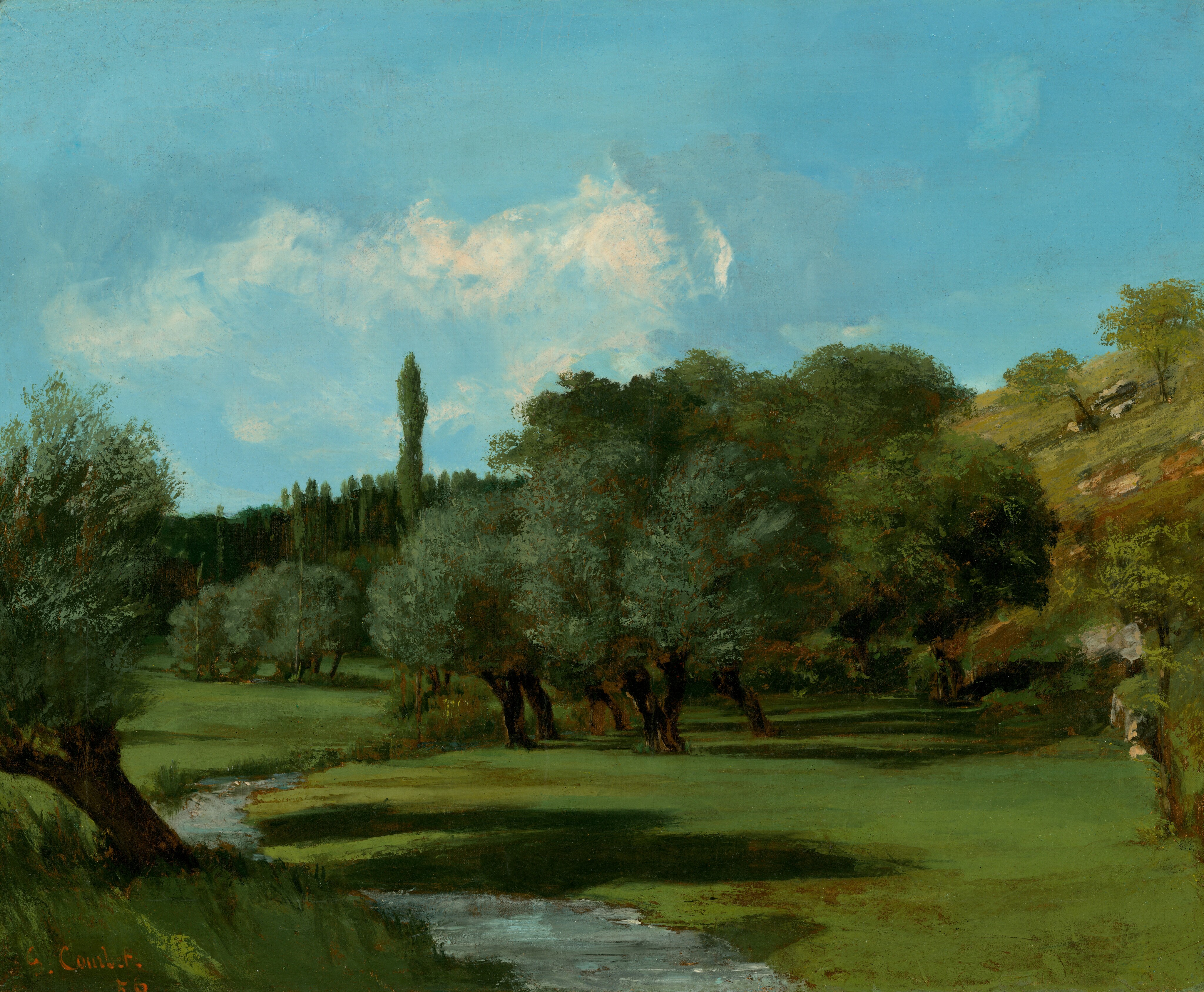 This painting depicts a green landscape under a blue sky. Trees fill the grassy landscape, and a small blue stream winds across the grass on the left side, reflecting light. A hill with small rocks and light green trees rises up on the right. The sky is a bright blue color, with a few wispy white clouds.
