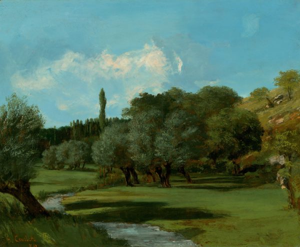 This painting depicts a green landscape under a blue sky. Trees fill the grassy landscape, and a small blue stream winds across the grass on the left side, reflecting light. A hill with small rocks and light green trees rises up on the right. The sky is a bright blue color, with a few wispy white clouds.