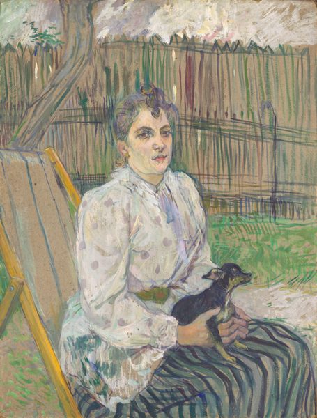 This painting shows a woman sitting upright in a yellow-and-tan reclining chair, her body turned to the right, her face turned toward us. Her skin is pale, with shades of pale yellow and light pink, and shadows in a pale green shade. She has deep-set brown eyes, arched eyebrows, and a small pink mouth set in a neutral expression. Her curling hair is light purple and put in an updo. She is wearing a white and lilac polka-dot blouse with puffy sleeves, complemented by a long skirt with stripes of black, gray, and green. In her lap, she holds a small black, tan, and light-green dog, cradling it gently with both hands. The background features a grassy area enclosed by a wooden fence painted with lines of green, teal, and dark red, with a large, slightly bent tree trunk visible to the left. The sky above has a cloudy appearance made by crisscrossing lines of white, purple, pink, and green. The brushstrokes in the painting are thick and visible, especially those in the background. In some places, like the fence, the tree trunk, and the back of the chair, the light brown surface under the paint is visible.