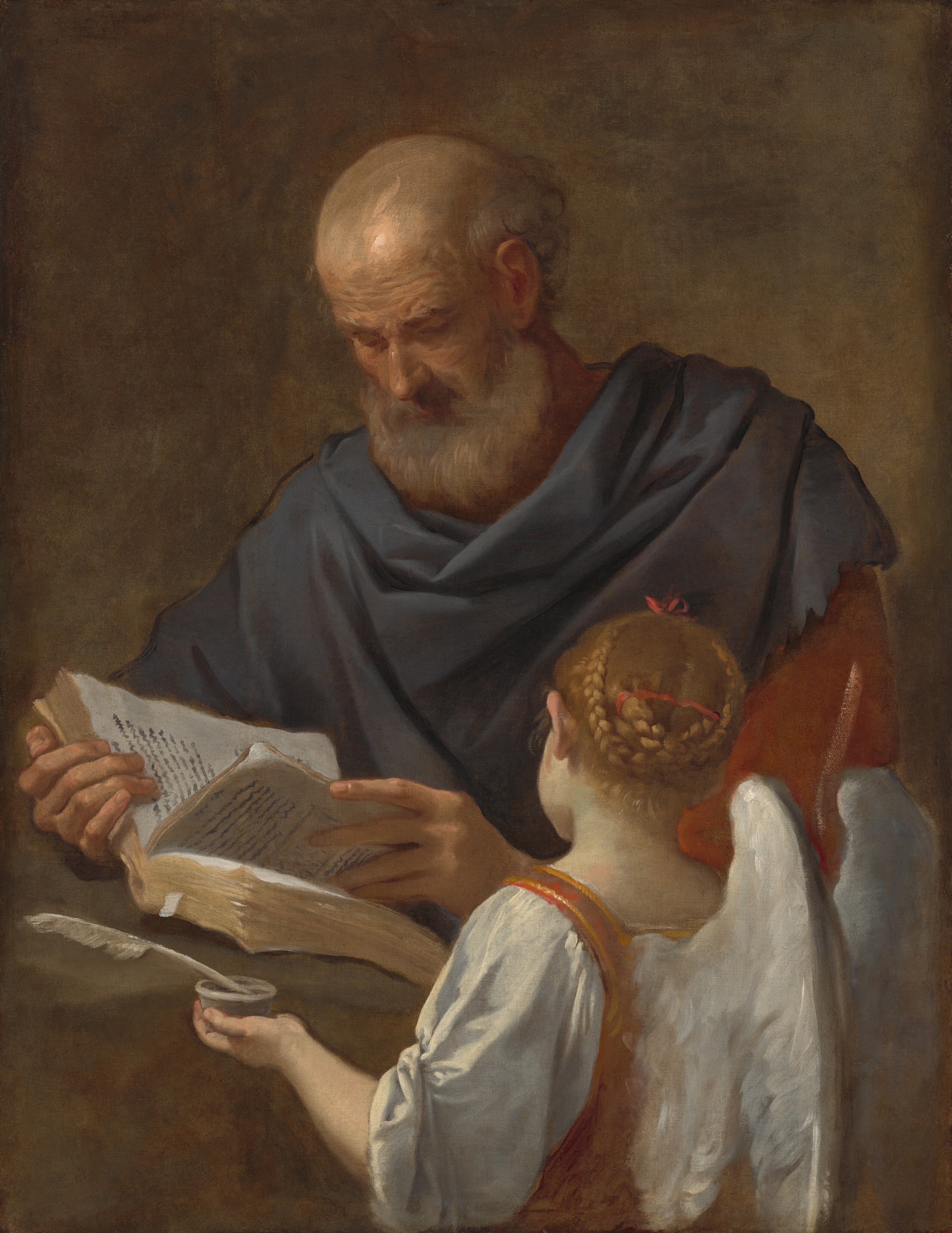 A bearded man holds and looks down at an open book as a winged angel holds a feather pen and an inkwell in this vertical painting. Both are shown from the waist up against a peanut-brown background, and both have pale skin. The man’s body faces us, though his shoulders are angled slightly to our left. He is balding, with a rim of gray, curly hair, and a full, grayish-white beard. His forehead is heavily wrinkled, and there are hollows under his high cheekbones. A marine-blue cloth drapes across his shoulders over a brick-red garment. He braces the book with one hand so the fingers hook over the top edge of the pages. He lifts a section of a few pages with the other hand, and there is black writing on the white pages. The angel stands facing away from us so we look onto the back of the ear and side of the left cheek. The angel’s long blond hair is braided into two plaits and wound around the sides and top of the head, where they are tied with a red bow. The angel wears a bodice with a square neckline, and the puffy white sleeve we see is gathered at the elbow. The wings are snowy white. The tip of the white feather pen rests in the shallow, hockey puck-shaped inkwell held in the left hand.