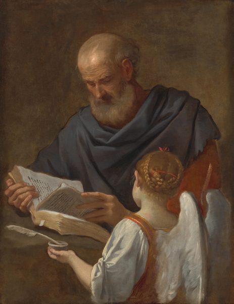 A bearded man holds and looks down at an open book as a winged angel holds a feather pen and an inkwell in this vertical painting. Both are shown from the waist up against a peanut-brown background, and both have pale skin. The man’s body faces us, though his shoulders are angled slightly to our left. He is balding, with a rim of gray, curly hair, and a full, grayish-white beard. His forehead is heavily wrinkled, and there are hollows under his high cheekbones. A marine-blue cloth drapes across his shoulders over a brick-red garment. He braces the book with one hand so the fingers hook over the top edge of the pages. He lifts a section of a few pages with the other hand, and there is black writing on the white pages. The angel stands facing away from us so we look onto the back of the ear and side of the left cheek. The angel’s long blond hair is braided into two plaits and wound around the sides and top of the head, where they are tied with a red bow. The angel wears a bodice with a square neckline, and the puffy white sleeve we see is gathered at the elbow. The wings are snowy white. The tip of the white feather pen rests in the shallow, hockey puck-shaped inkwell held in the left hand.