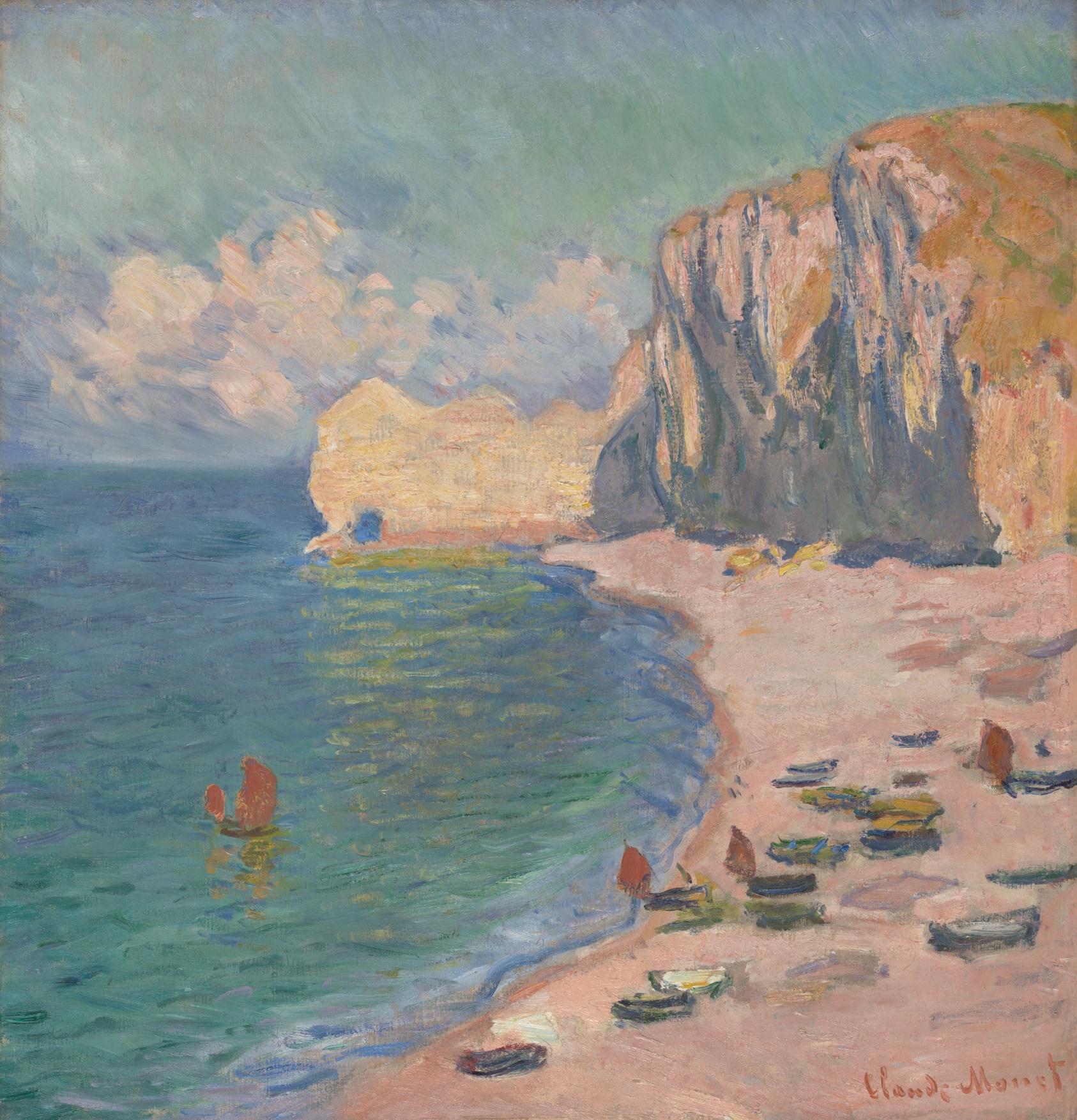 At seascape rendered in pastel tones. At right, boats line a pink shore underneath a tall cliff. At left, a single red sailboat floats in blue water.