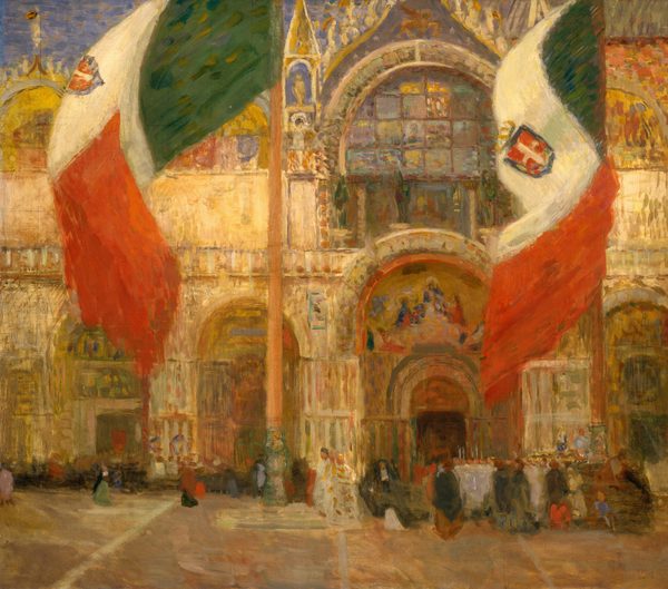 The image depicts a grand building with expansive arches and intricate details. Two large flags with red, white, and green colors are displayed. The brushstrokes are varied, capturing the texture of the fabric and architecture with an impressionistic style. The color palette includes warm yellows and golds, as well as cooler tones in the flags and shadows. Small groups of figures in the distance suggest activity and gathering.