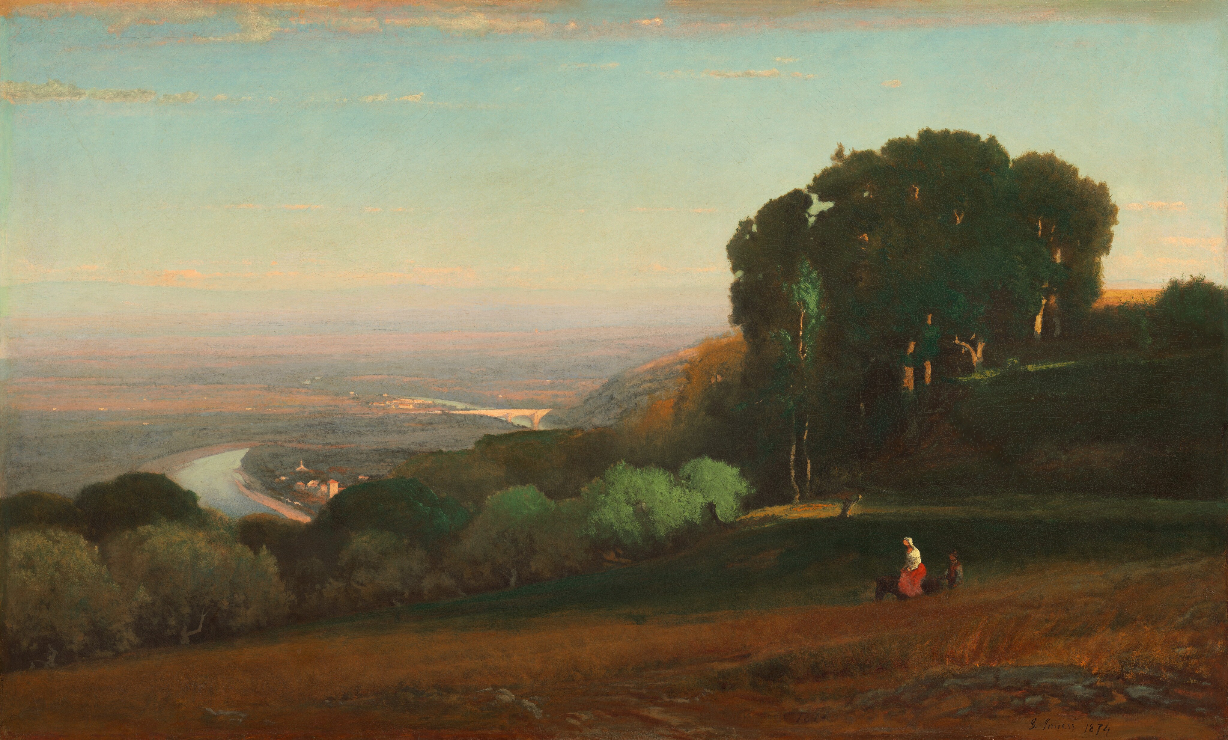 The painting depicts a view overlooking a valley with a river in the distance. The almost-cloudless sky is painted in shades of light blue with faint pink near the horizon. Closest to us there is a hill, and below it the distant landscape appears to be a hazy mix of light blue, pale pink, yellow, and green, with the pale river winding through it. On the hill to the right are large green trees and fields in earthy green and brown tones. There are two small people walking through the fields on the right, one of whom appears to be on horseback. That person appears to wear a red dress with a white shawl, while a person walking behind the horse wears darker colors.