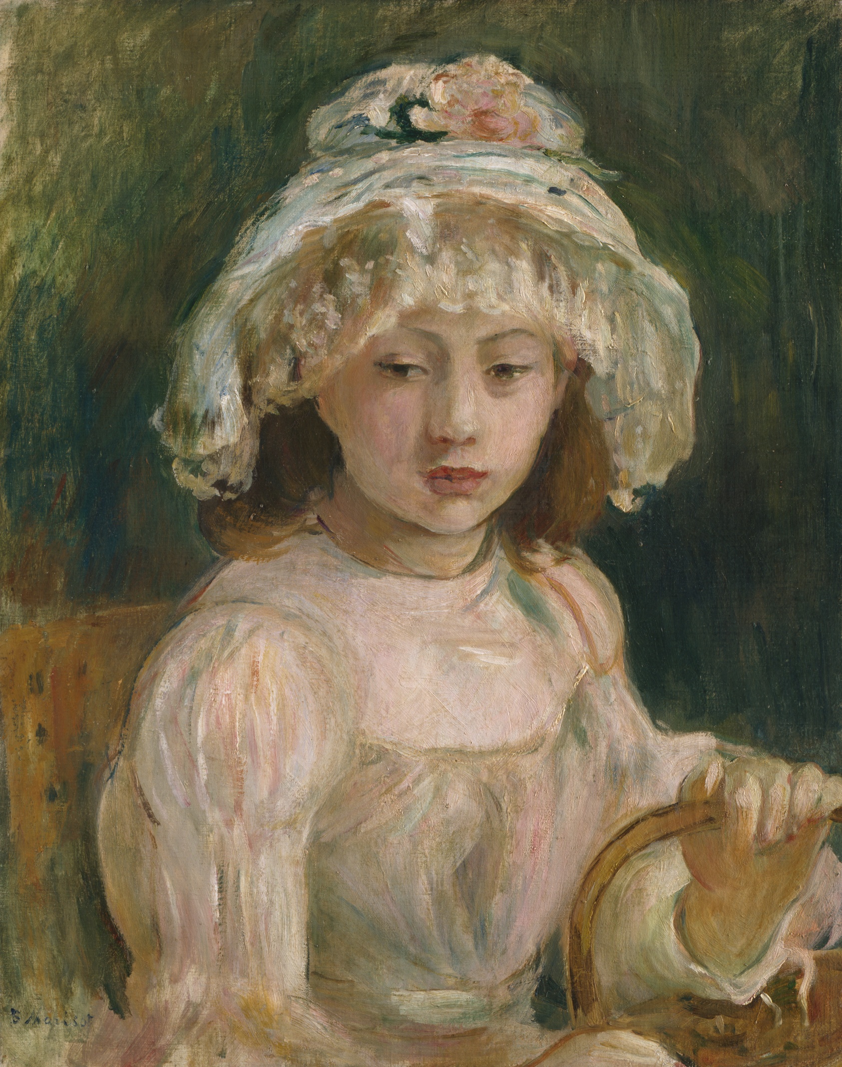 Painted portrait of a seated young light-skinned girl with brown hair in a gauzy white dress and hat, eyes downcast, holding a basket.