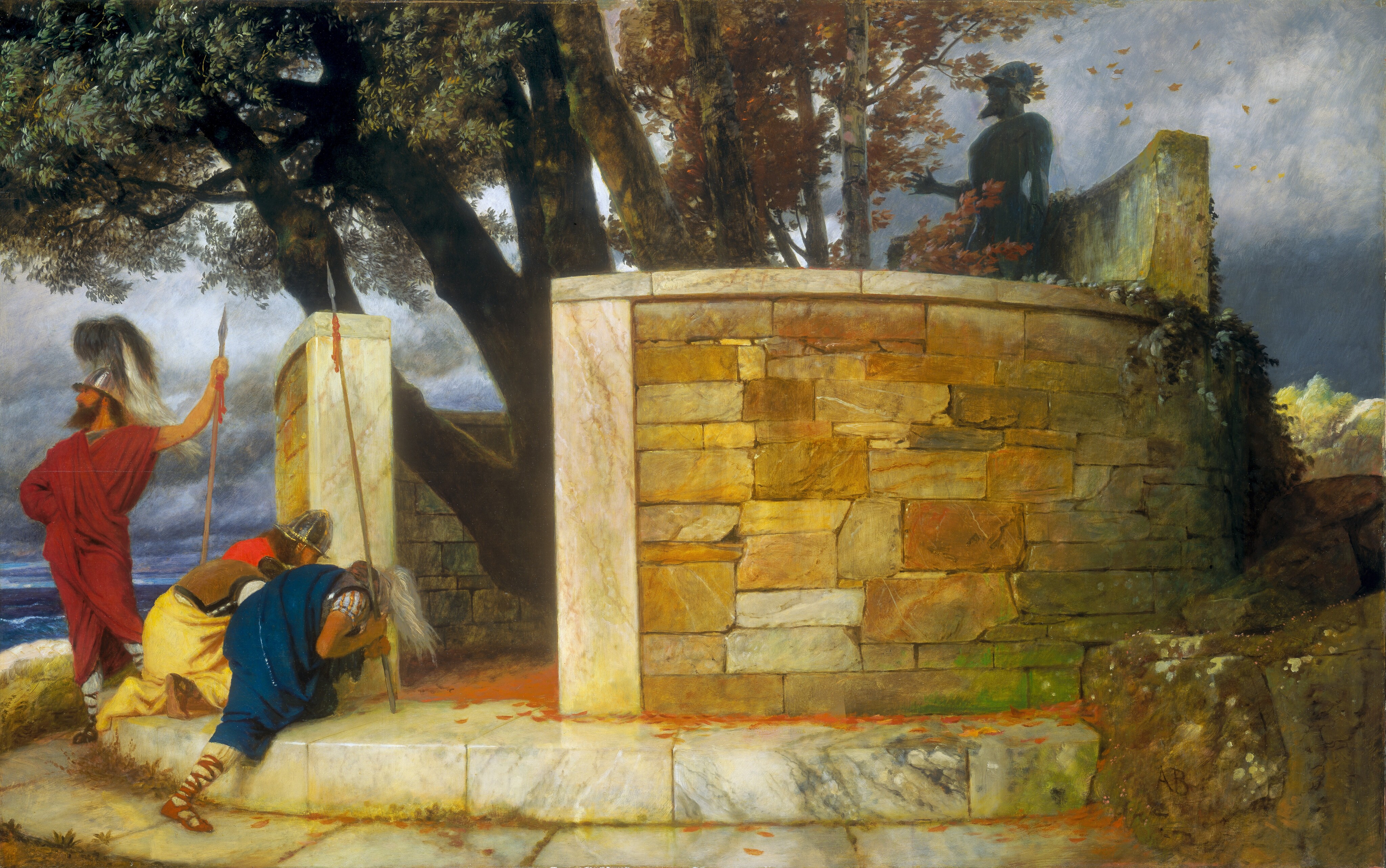 This is a painting of four people outside of a circular stone wall that contains a statue and several trees. The four people are on the left, next to an opening in the curving wall. Three of them are kneeling on the marble steps, facing the right, while the fourth stands, looking off to the left. The people are dressed in colorful draping cloths with plumed silver helmets and brown sandals. The standing person and one of the kneeling people carry tall spears. They all appear to have light skin and brown hair. In the center, tall trees are partially obscured by the stone wall. They have brown trunks and leaves in shades of green and orange. The stones below are covered with orange leaves. The wall itself is made of irregular stones in shades of pale yellow, brown, gray, and white. To the right of the trees, a dark statue is partially visible, showing a man in a helmet, facing the left. The sky behind the scene is dark, filled with heavy gray clouds.