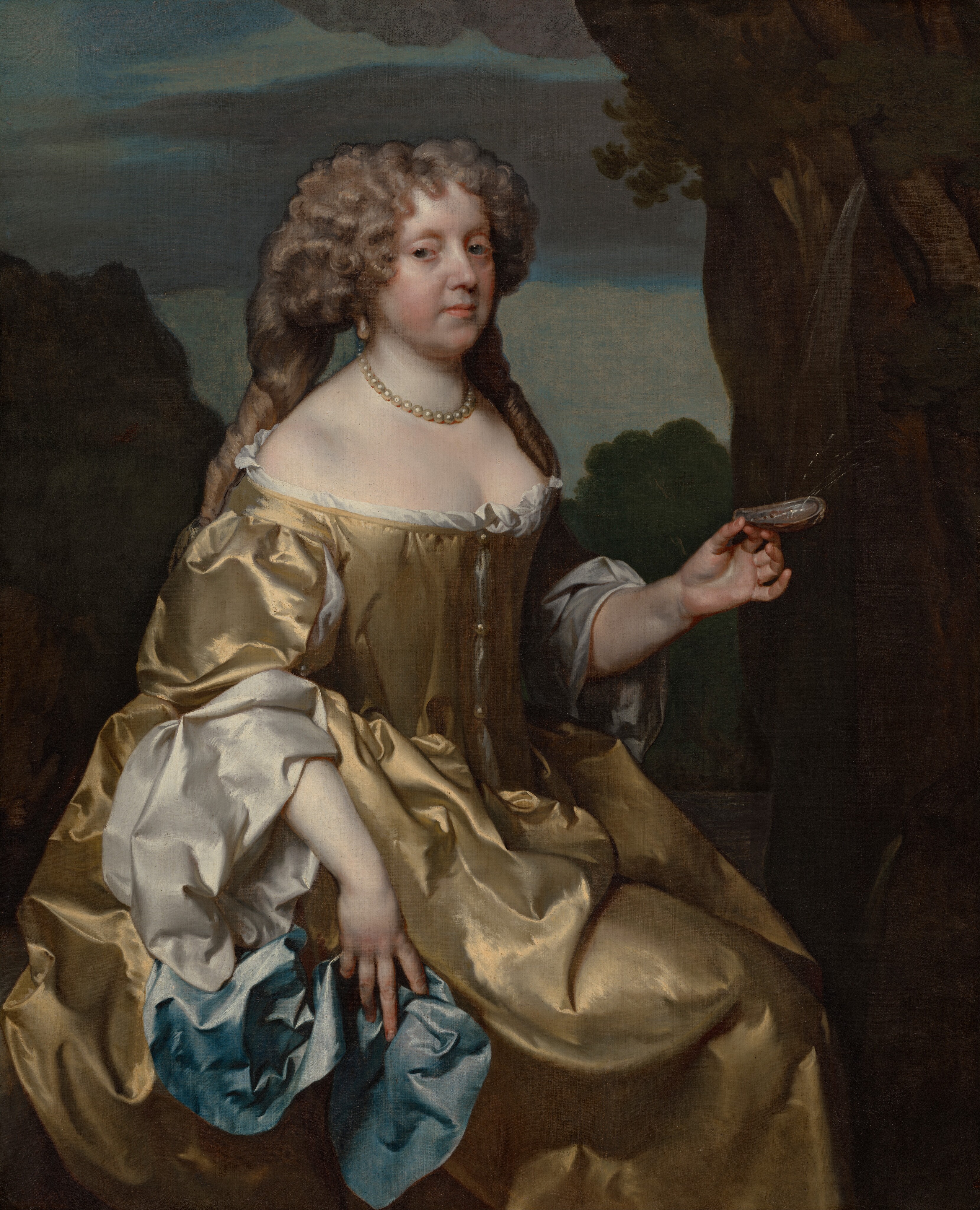 This painting depicts a woman facing the right, either standing or seated. She has fair skin, pink cheeks, pale eyebrows, blue eyes, and pink lips in a neutral expression. Her hair is curly and voluminous, styled back in two bunches with ringlets falling over her shoulders. It is gray towards the roots, but the ends appear to be brown. She is wearing a luxurious, gold-colored satin gown with draped white sleeves and a white undershirt peeking out at the neckline. The skirts bunch around her, obscuring her lower body. A single strand of pearls adorns her neck, and we see one dangling pearl earring. In one hand, she holds a blue fabric by her side. In the other, she is holding a small dish shaped like an oyster shell that catches a small stream of water that comes from the top right of the painting, seeming to emerge from a dark rocky shape on the right side. On the right, the background includes dark green foliage under a cloudy blue-and-gray sky.