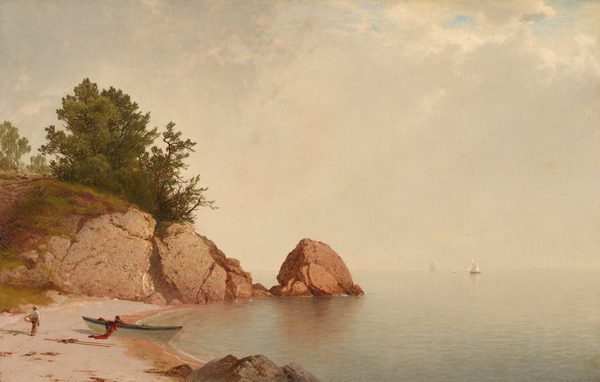 A pink-toned sandy beach meets a placid body of pale blue water under a hazy sky in this horizontal landscape painting. To our left, the beach curves like a letter C to end in the near distance with a terracotta-orange rocky outcropping and a boulder, which comes halfway across the composition. Muted green trees grow atop the outcropping, and the left half is blanketed in moss or grass. A white rowboat has been pulled into the sand about halfway along the beach. One person sits or crouches inside, and a red cloth or net hangs over the side closer to us. A person wearing a straw hat, white, long-sleeved shirt, and brown pants carries a basket over one arm as they walk away from us, not far from the rowboat. The water is very light blue where it laps gently at the shore but is washed by diffuse sunlight to parchment white in the distance. The horizon, which comes a third of the way up the canvas, nearly blends into the milky white bank of clouds above. A few sailboats are near the horizon on the right half of the painting, and a few small patches of blue sky show through the clouds in the upper right corner.