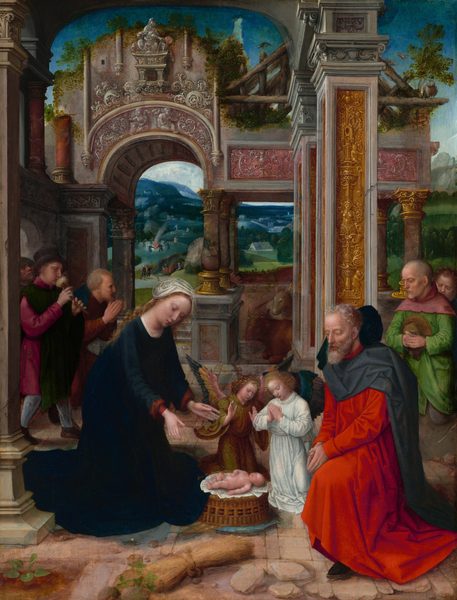 A young woman and older man accompanied by two winged angels kneel to gaze at a tiny infant lying on an overturned basket in this vertical painting. They and the five men standing or kneeling to each side all have pale skin. The woman, Mary, is on our left and leans forward with her hands stretched out toward the infant. Her long, honey-blond hair is covered with a pleated white cloth, and she wears a marine-blue gown over a garment with garnet-red sleeves. The older man, Joseph, kneels opposite her. He has a gray beard and hair and wears a charcoal-gray cloak over a scarlet-red robe. The nude infant, Jesus, lies on the basket between them next to a bundle of wheat. The angels are about half the size of Mary and Joseph and kneel just beyond Jesus. They both have blond hair and wings striped in shades of carnation pink, canary yellow, and celestial blue. The angel on our left wears an olive-green robe, and the other wears a white robe shaded with arctic blue. Mary, Joseph, Jesus, and the angels gather on a worn, tiled stone floor outside the ruins of a building with an exposed interior. Ornamented bronze and rose-pink panels are set into pillars and over openings. Ivy grows along the upper edges of the partially ruined walls, and small tree branches sprout on the roof. An owl and another bird perch on the remains of a wood roof tucked behind the first structure. An ox and a donkey are tucked into a back corner of the building below. Three men dressed in burgundy and black enter the ruins from the left. One wears a soft black hat and holds a musical instrument to his lips. Two more men kneel beyond Joseph on the right, and one wears pea green with a rose-pink cape. The background beyond the building and people is filled with a green and blue landscape scattered with buildings and tiny people walking and dancing around a fire.