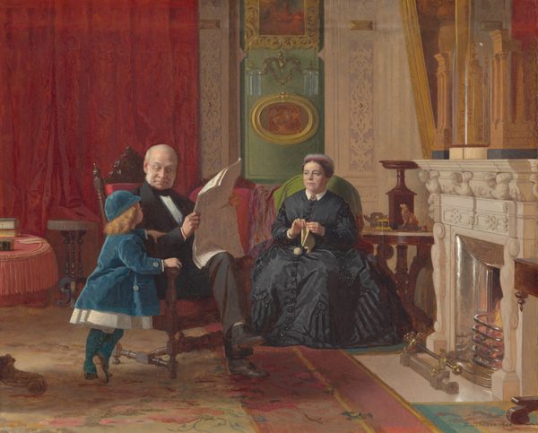 This painting depicts three individuals in a room. An elderly man is seated on a wooden chair, reading a newspaper, with a child standing beside him. The man has balding gray hair, round spectacles, and is dressed in a black suit. The child, wearing a bright blue coat and hat, faces the man with their back toward us. They have short blond hair that falls to their shoulders in soft ringlets. The man looks down at the child with a slight smile. On the right, a woman in a black dress sits on another chair, knitting. She looks up toward the man and child. All three of these people have light skin. The room around them has red curtains, white paneled walls, rich brown furniture, and an ornate white fireplace on the far right.