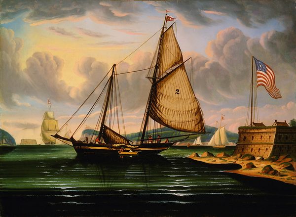 The image shows a maritime scene with multiple sailing ships at sea. The perspective is from slightly above water level, showing the sea, sky, and land meeting at the horizon. The closest ship has billowing sails, giving a sense of motion. The brushstrokes are deliberate and smooth, defining the sails and water. Light and shadow create a warm, colorful sky with pastel hues blending into blues and grays. An American flag flies from a fortification on the right-hand side. Other ships can be seen in the distance, adding depth to the scene. The flag's colors contrast with the background.
