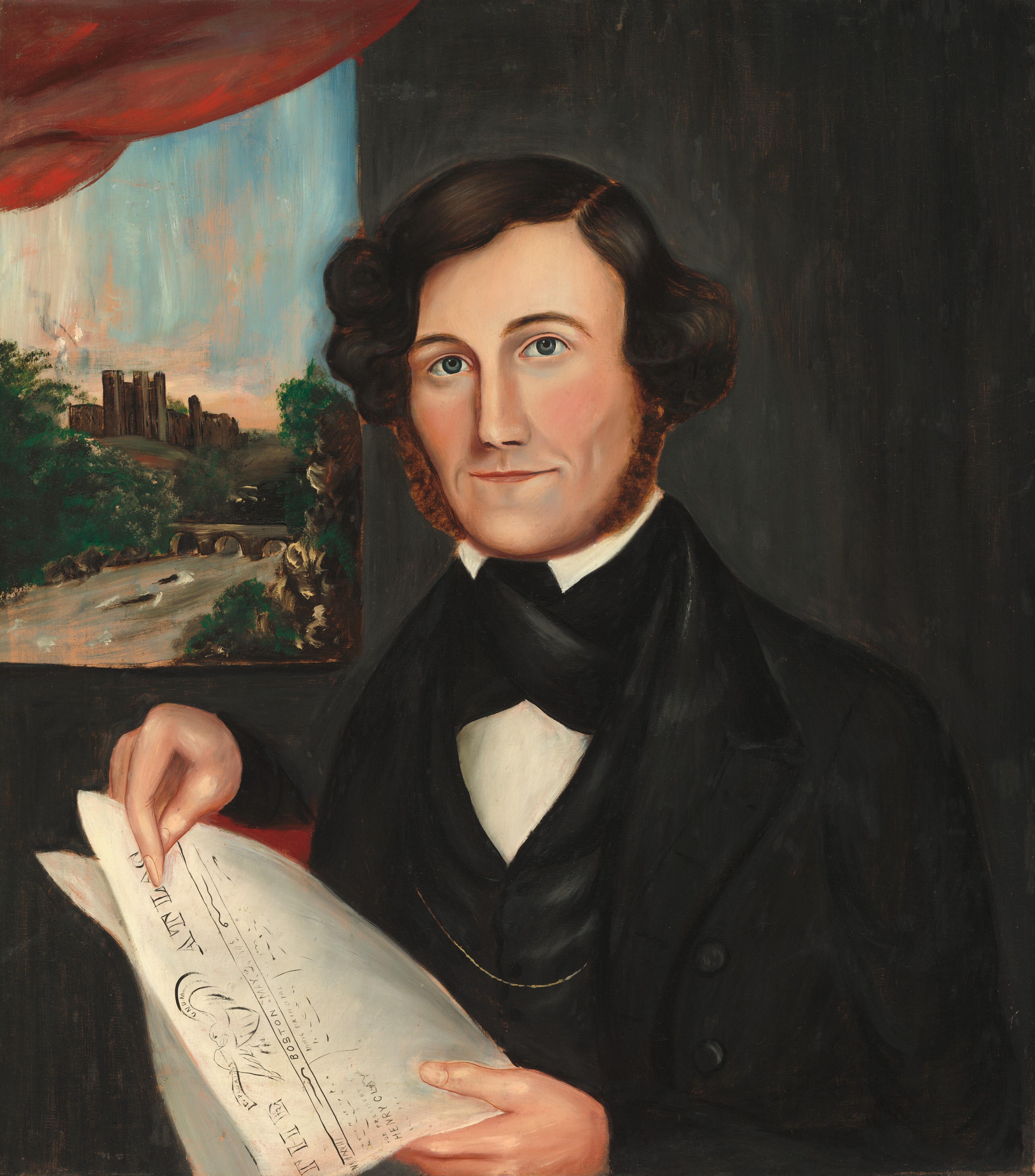 The image is a portrait of a man depicted from the waist up. He is positioned sideways, facing the viewer, with his right hand holding a paper with architectural drawings or writing. His facial features include clear blue eyes, a neatly groomed mustache, and sideburns. His hair is dark brown, wavy, and parted on the side. He is dressed in formal attire, wearing a black suit jacket over a waistcoat, a white dress shirt, and a black necktie. A small gold chain is visible. In the background, a window reveals a landscape painting of a castle and river scene, with a bright sky overhead. The rest of the background is a dark, neutral tone, emphasizing the man as the focal point of the painting.