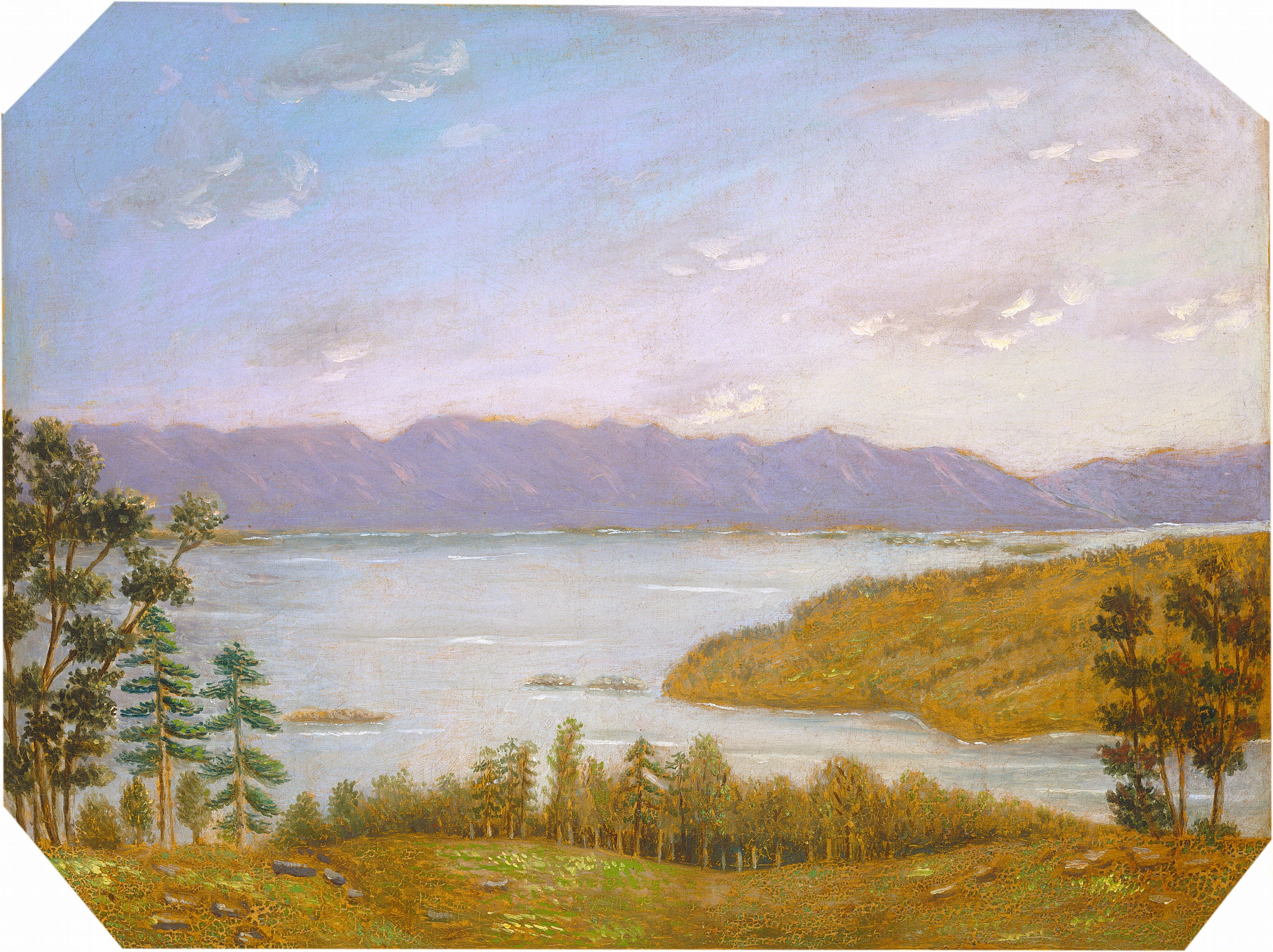 This painting shows a landscape with a pale-blue body of water in the center. Gentle waves are visible on its surface. In the background, pale purple mountains are faintly visible on the horizon, with a sky of pastel blue and lavender hues above scattered with wispy white clouds. Closer to us, trees and hills in shades of gold, green, and brown lead down towards the water.