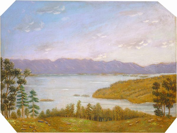 This painting shows a landscape with a pale-blue body of water in the center. Gentle waves are visible on its surface. In the background, pale purple mountains are faintly visible on the horizon, with a sky of pastel blue and lavender hues above scattered with wispy white clouds. Closer to us, trees and hills in shades of gold, green, and brown lead down towards the water.