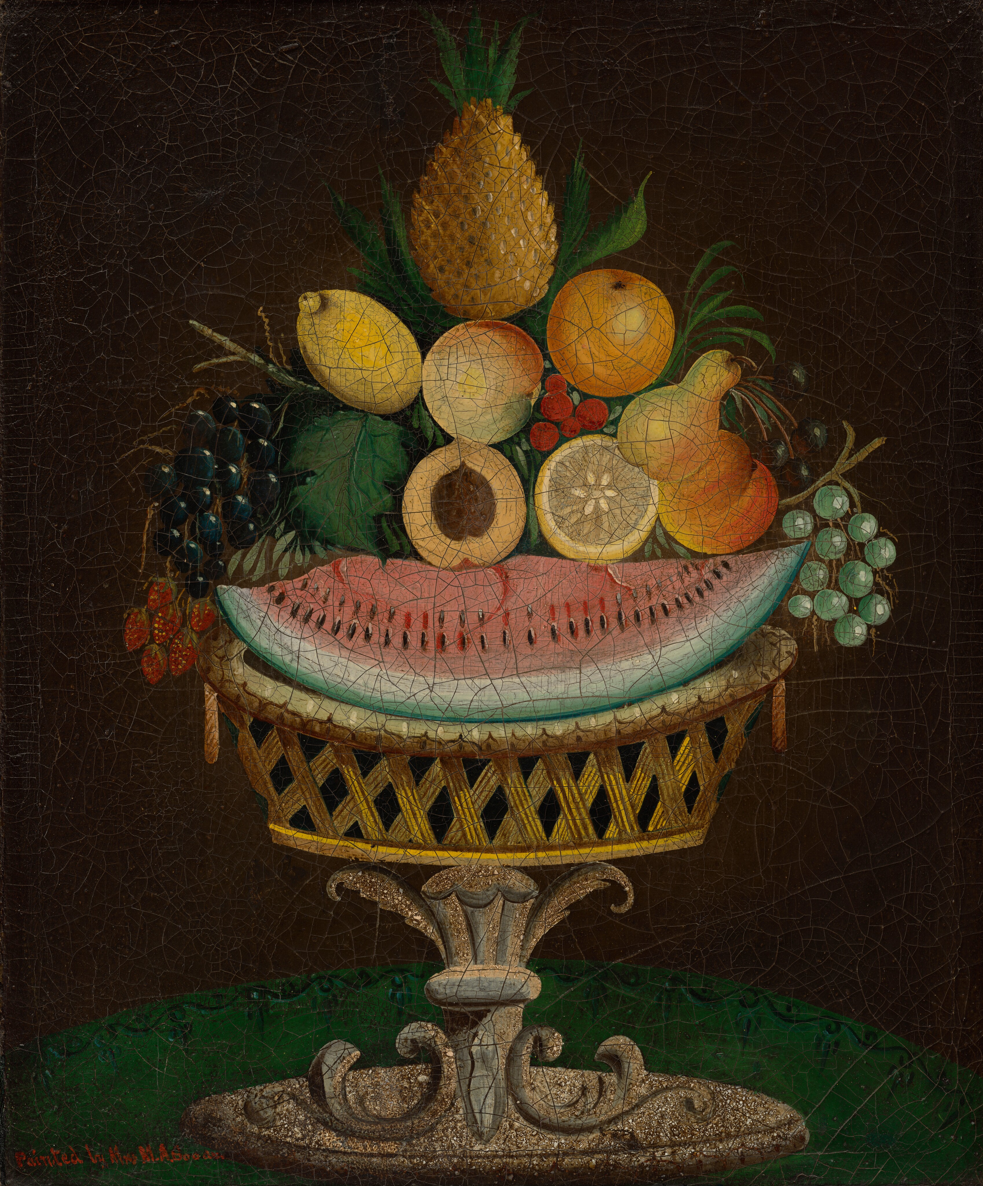 The image displays a still life arrangement of various fruits on an intricate pedestal. It includes a watermelon slice, pineapple, lemons, orange, grapes, peaches, and berries among others. Colors range from deep greens to vibrant yellows, reds, and soft pinks set against a dark background. Fruits are centrally placed, with the watermelon forming a horizontal base near the top of the pedestal, while the pineapple and citrus fruits are stacked above it, slightly right of center.