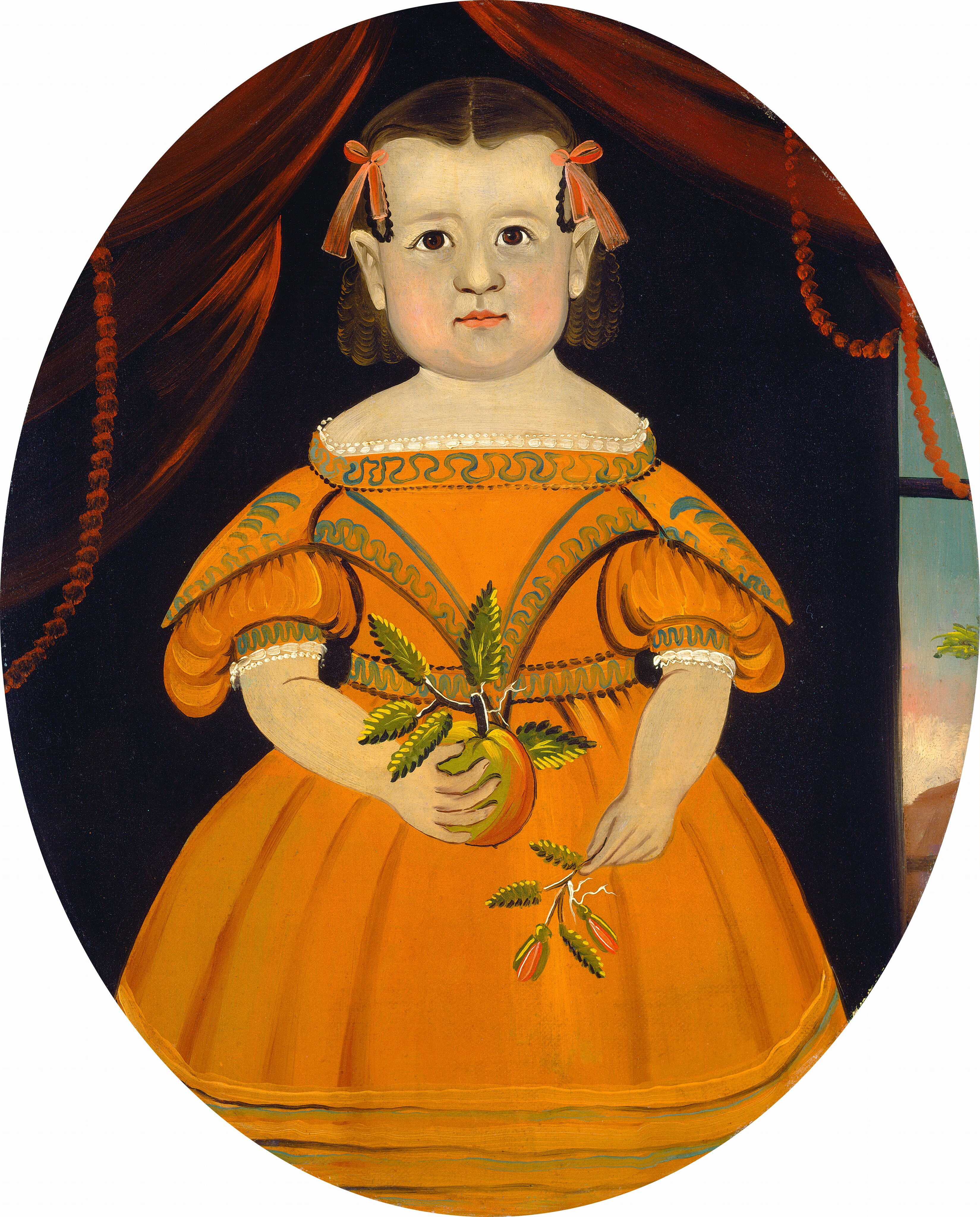 The image depicts a young child from the waist up in a portrait style. The child is facing forward with a direct gaze towards the viewer. They have light skin and dark, curled hair with pinkish ribbons. The child's facial features include large, dark eyes and a small, closed mouth. They wear an ornate, orange dress with blue-green detailing. The child holds a fruit with leaves and a branch with leaves and small fruits or buds. The background shows dark drapery with tassels and a glimpse of a window with greenery outside.