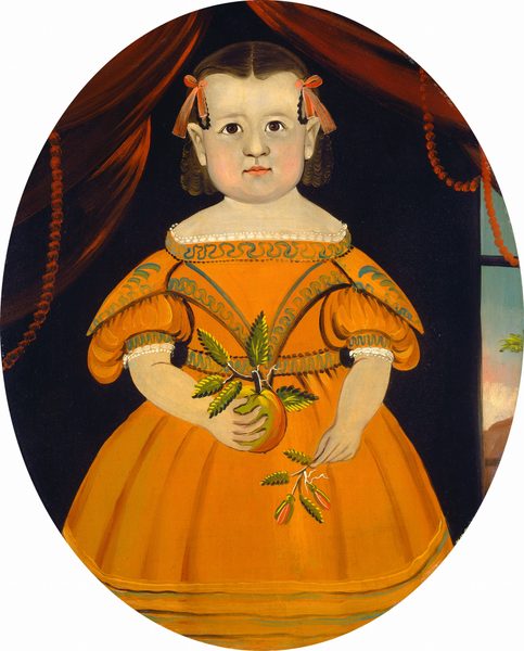The image depicts a young child from the waist up in a portrait style. The child is facing forward with a direct gaze towards the viewer. They have light skin and dark, curled hair with pinkish ribbons. The child's facial features include large, dark eyes and a small, closed mouth. They wear an ornate, orange dress with blue-green detailing. The child holds a fruit with leaves and a branch with leaves and small fruits or buds. The background shows dark drapery with tassels and a glimpse of a window with greenery outside.