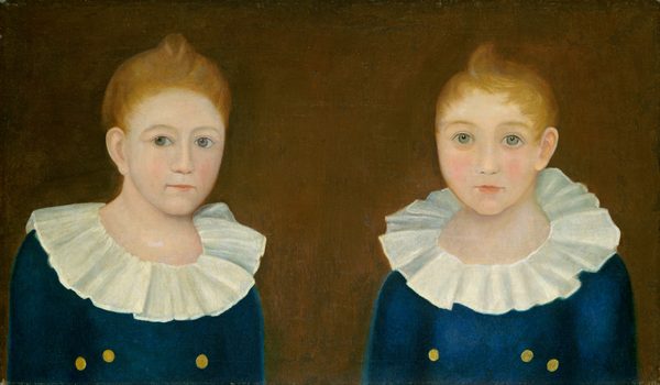 The image depicts two individuals standing side by side. They both have light brown hair, light skin, round eyes, and slightly flushed cheeks. They are wearing deep blue garments with white ruffled collars and two yellow buttons. The background is a flat, dark brown color.