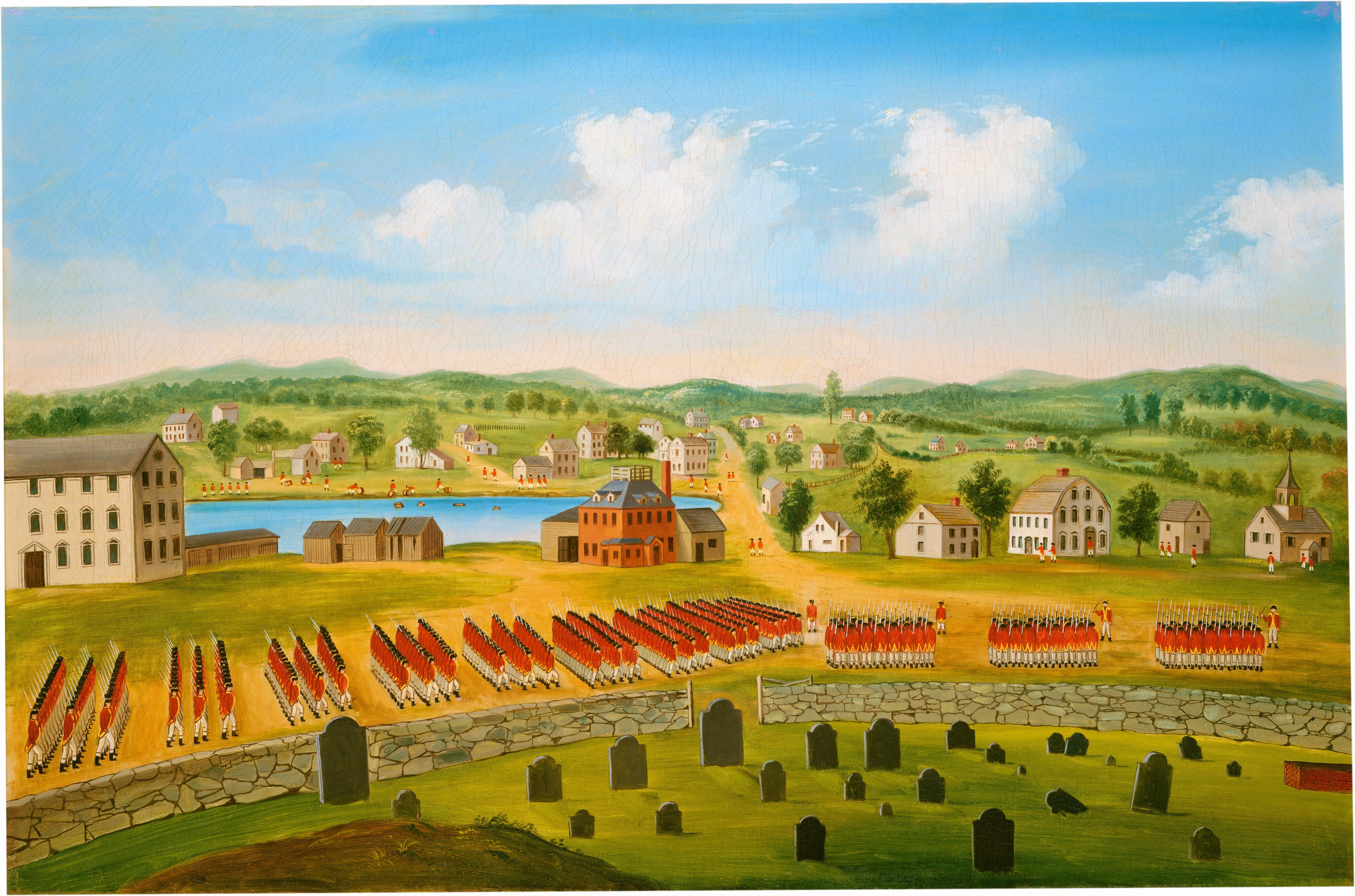 The image shows an elevated view of a landscape with hills and a river or lake in the distance. Several buildings, including a church, are scattered across the land. Soldiers in red and white uniforms are lined up near a stone wall and gravestones in the foreground. The sky is blue with a few scattered clouds. The painting style uses precise brushstrokes, featuring a color palette of soft blues, greens, reds, and muted tones.