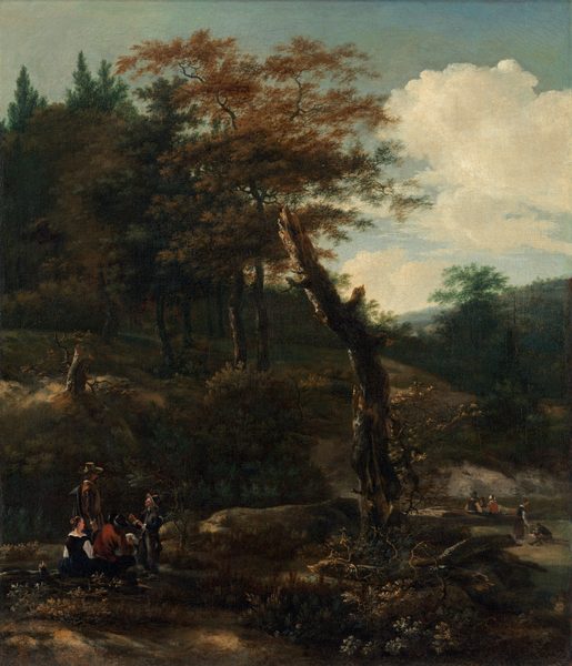 The painting shows a forested landscape from an elevated angle. The horizon is high in the composition, with a blue sky and fluffy white clouds in the background. A large, gnarled tree trunk is in the center, with more tall trees behind it, their leaves in shades of dark green and rusty red. In the bottom left corner, we can see a group of people gathered on the dark brown ground. They are in shadow, but we can see their clothes, which are in shades of red, brown, black, and white. Three of them wear wide-brimmed hats, while the fourth appears to be a woman with her hair pulled back in a bun. More people are visible in the distance on the right, wearing similar clothing. In the center, behind the tall tree trunk, a light brown path curves up a hill and into the woods in the distance.