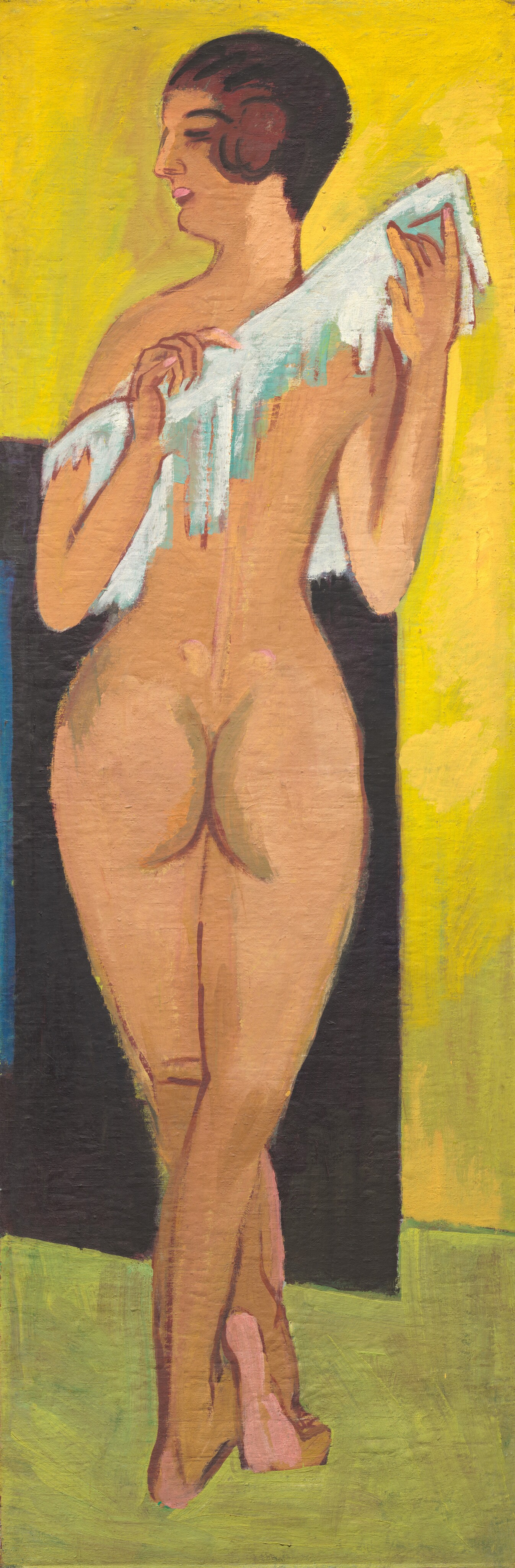 In this tall, thin painting, a nude person stands in a strange position. Their lower body is seen from the back, while their upper body appears to face us, with their head turned towards the left. The individual has light skin and short, dark hair styled close to their scalp, partially covering their forehead. The person holds a thin white fabric or cloth in both hands, and it appears to drape around their shoulders and behind them. The background features a bold palette of colors, with a vivid yellow area on the top and right and a black rectangle on the left, framing the figure's lower body. The floor beneath the figure is a muted green color.